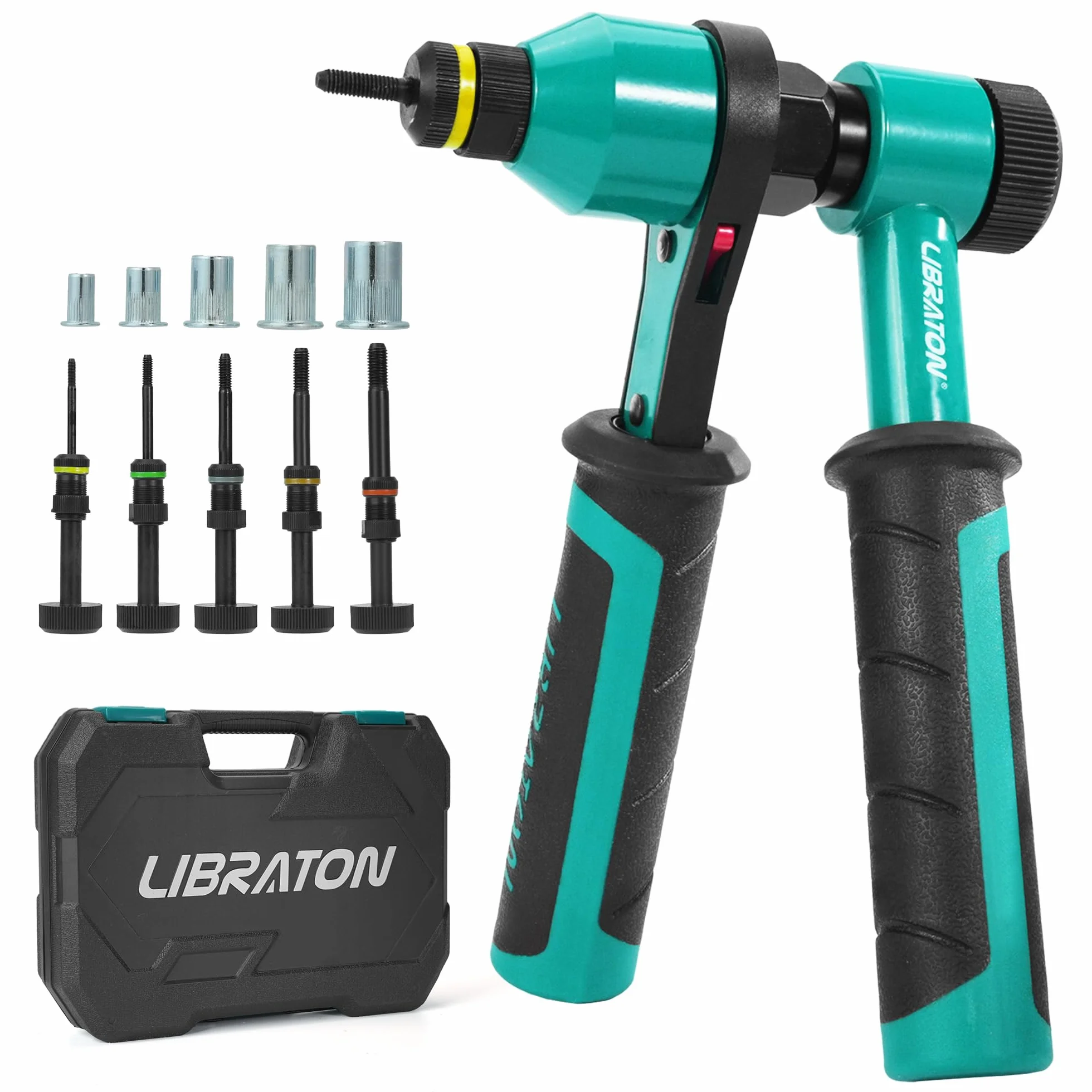 LIBRATON Remachadora de Tuercas, Remachadora de Tuercas Profesional con Trinquete, Pistola de Remachadora Manual con 5 Mandriles Métricos, 5 Boquilla de Tuerca, 50 Piezas Tuercas Remachables, Caja