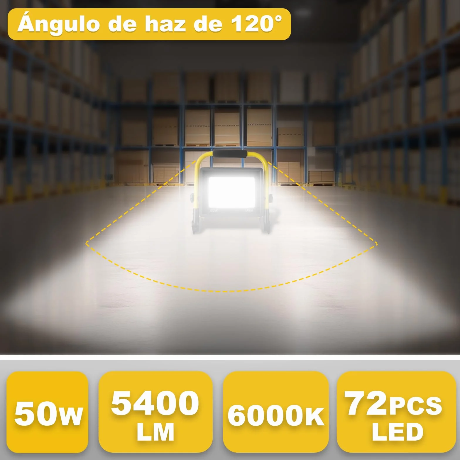 Luz de trabajo LED de 50 W, luz de trabajo súper brillante de 5400 lm, reflector portátil de 6000 K, luz blanca diurna, IP66 impermeable, luces de construcción con cable de 3,5 m, enchufe e