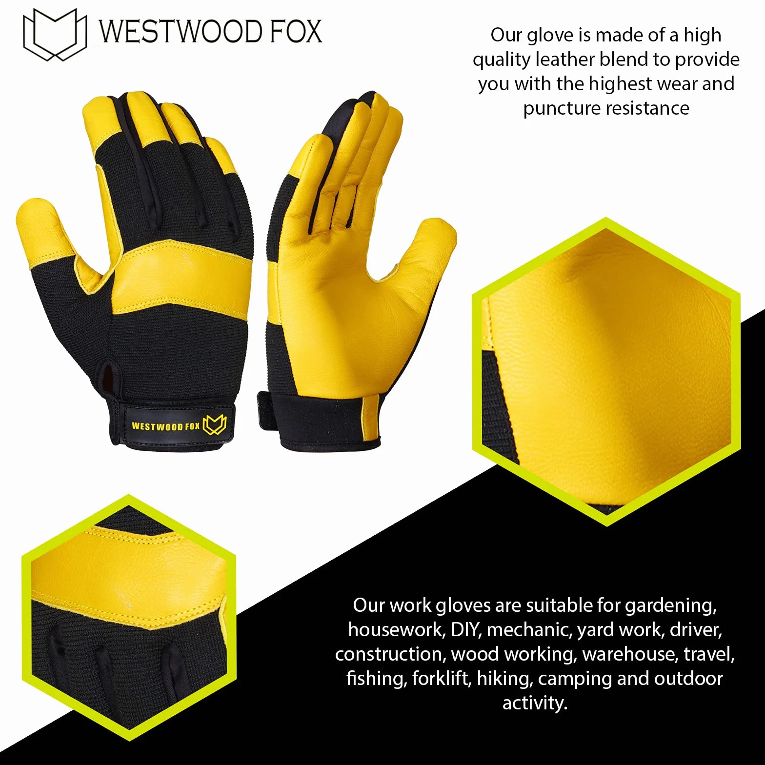 Guantes de trabajo de jardinería a prueba de espinas, cuero resistente y transpirable, Amarillo L