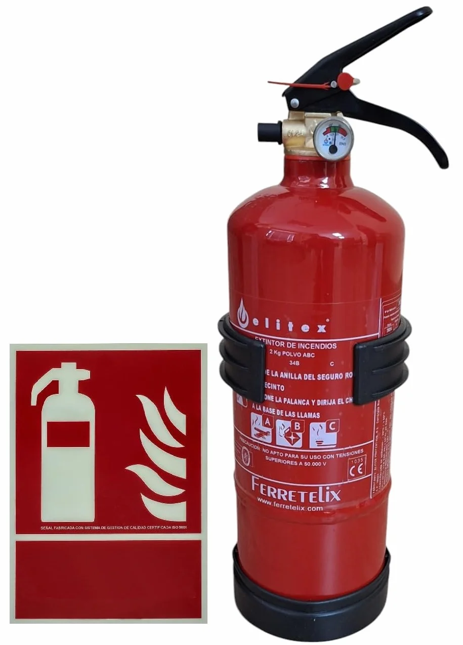 FERRETELIX® Extintor 2 Kg ABC (Eficacia 8A 34B C) + Soporte + Cartel Fotoluminiscente 21x30 cm – Homologado – Fabricado en España – Año 2026