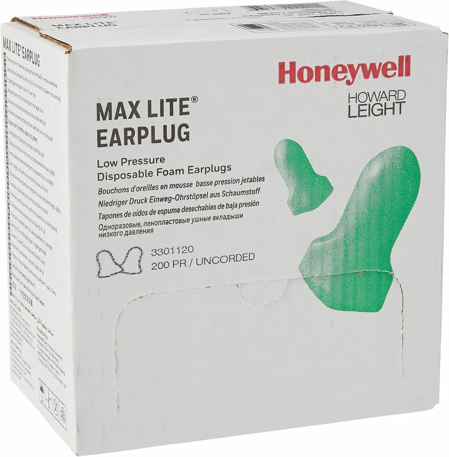Howard Leight by Honeywell MAXIMUM LITE Tapones para los oídos sin cable de un solo uso, verde, forma de T contorneada, ideal para trabajadores con canales auditivos más pequeños (CAJA con 200 pares)