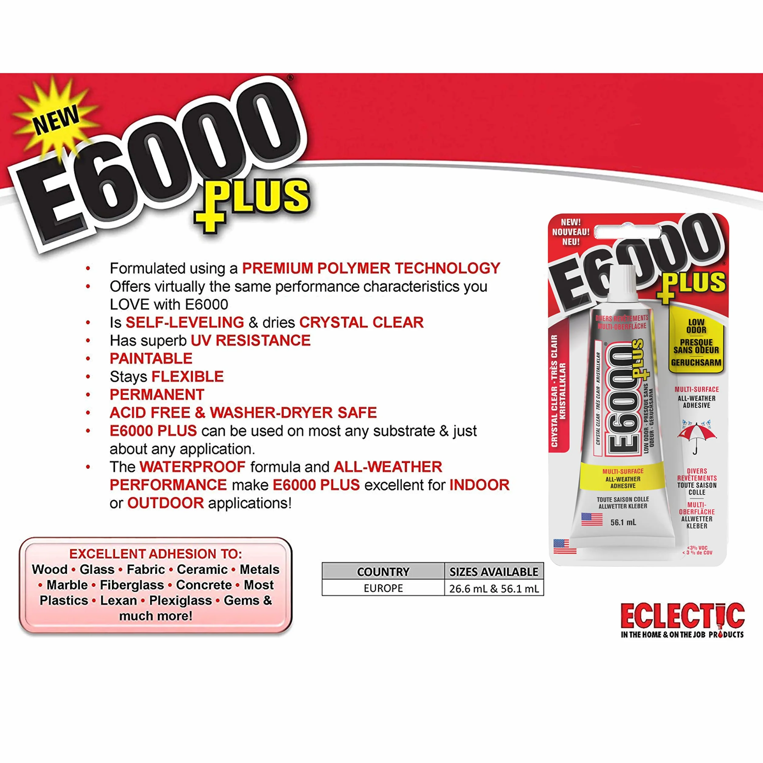 E6000 Plus - Pegamento para manualidades y boquilla de punta corta original, para tela, madera, joyas, cristal, gemas, cuentas adhesivas, etc. 56.1ml