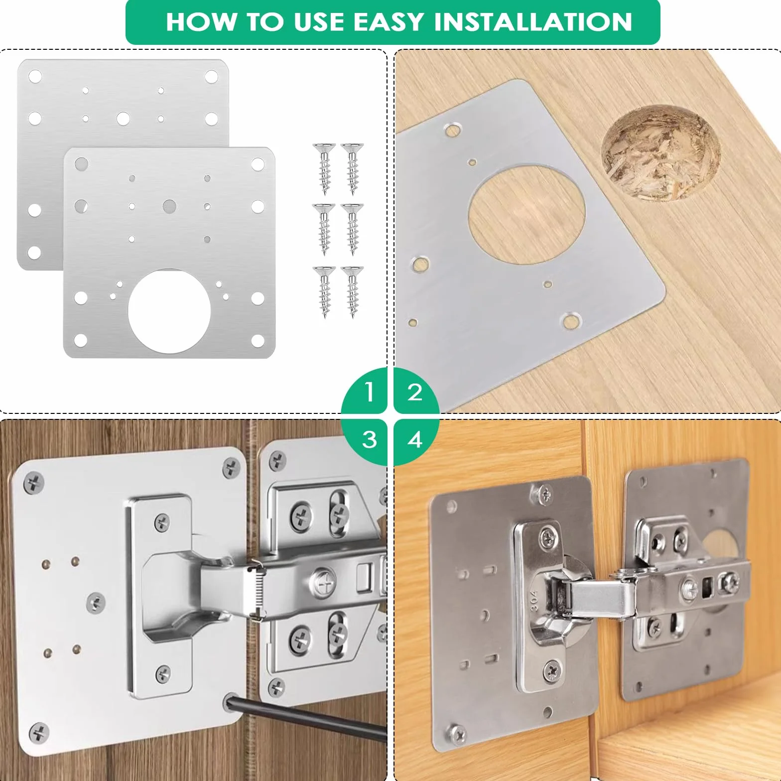 Fousenuk 10 Piezas Placa de Reparación de Bisagras Cocina 9×9cm Inoxidable Hinge Repair Kit para Armario Muebles Gabinete Cajón
