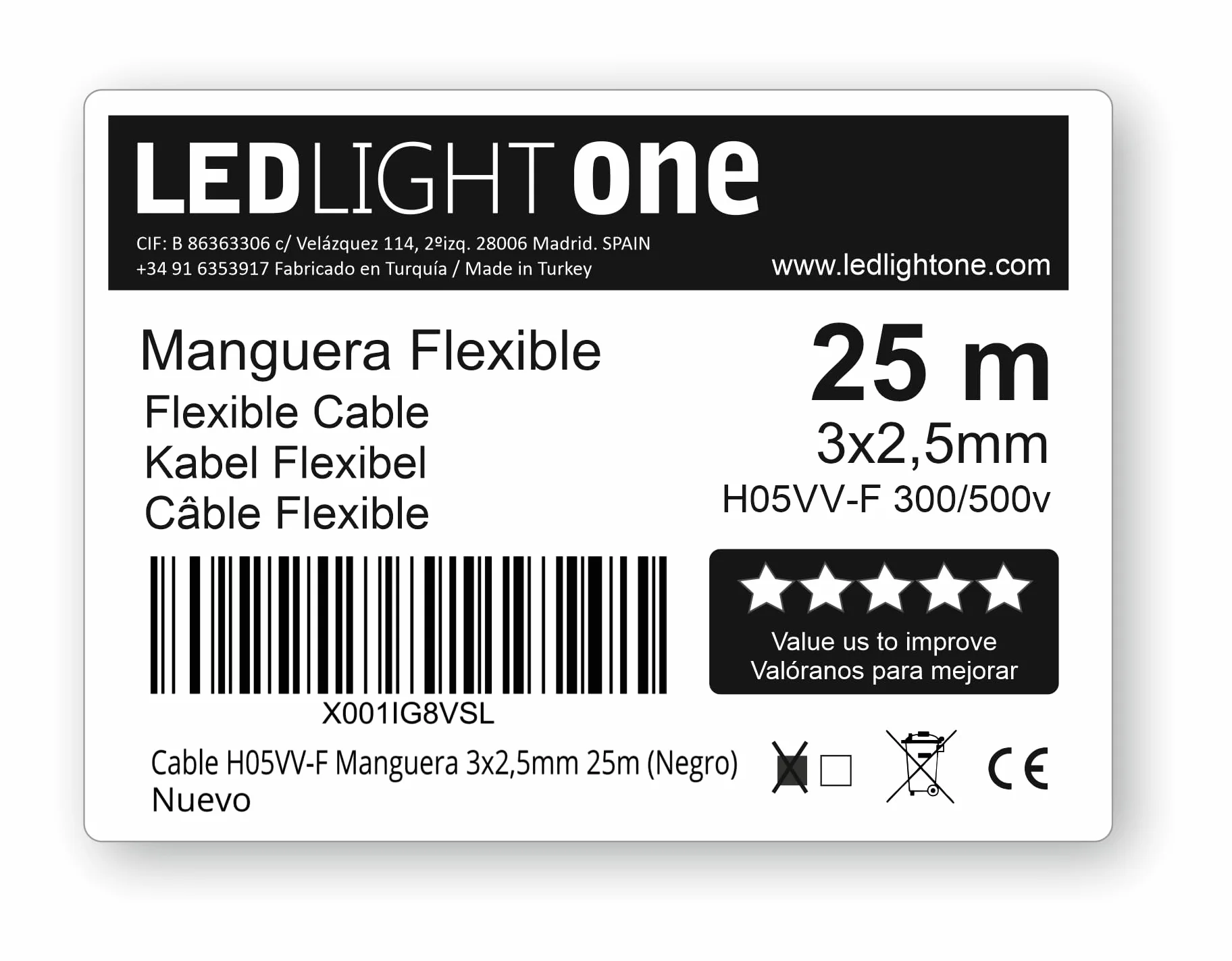 Cable Eléctrico H05VV-F Manguera 3x2,5mm 25m Negro Tensión de Servicio 500v Temperatura Máxima de Trabajo 70º Conductor de Cobre Electrolítico Clase 5 con Cubierta de PVC