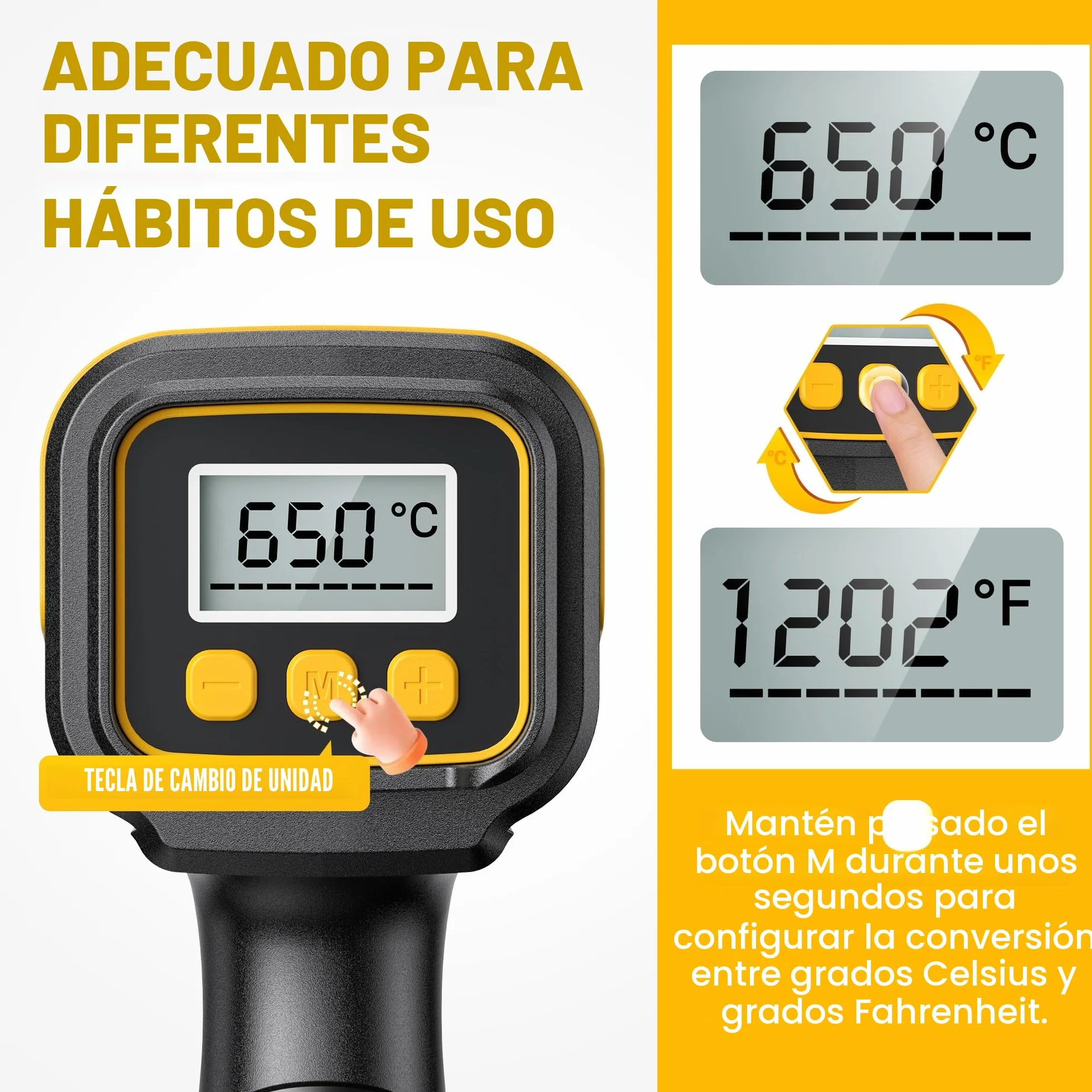 SEEKONE Pistola de Aire Caliente de 2000W con Pantalla LCD Digital, 50℃-650℃ Diseño Compacto y Temperatura de Flujo de Aire Ajustable, con Protección de Sobrecarga y Ideal para Manualidades
