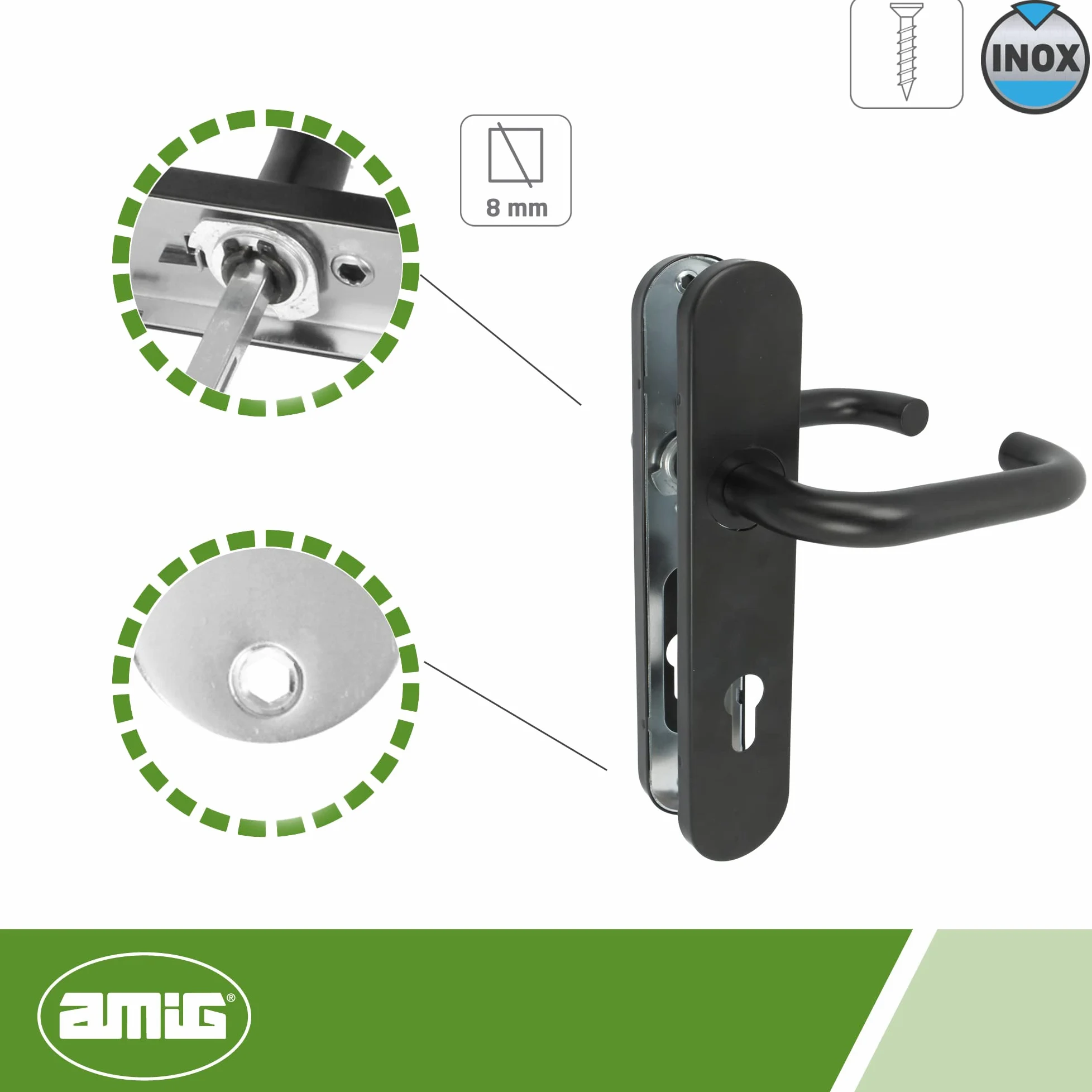 Amig - Juego de Manilla con Placa de Polipropileno para Puertas - 245 x 45 mm - Cuadradillo de 8 mm - Diseño Sencillo ideal para tu hogar u oficina - Con Bocallave - Acero y Polipropileno Negro