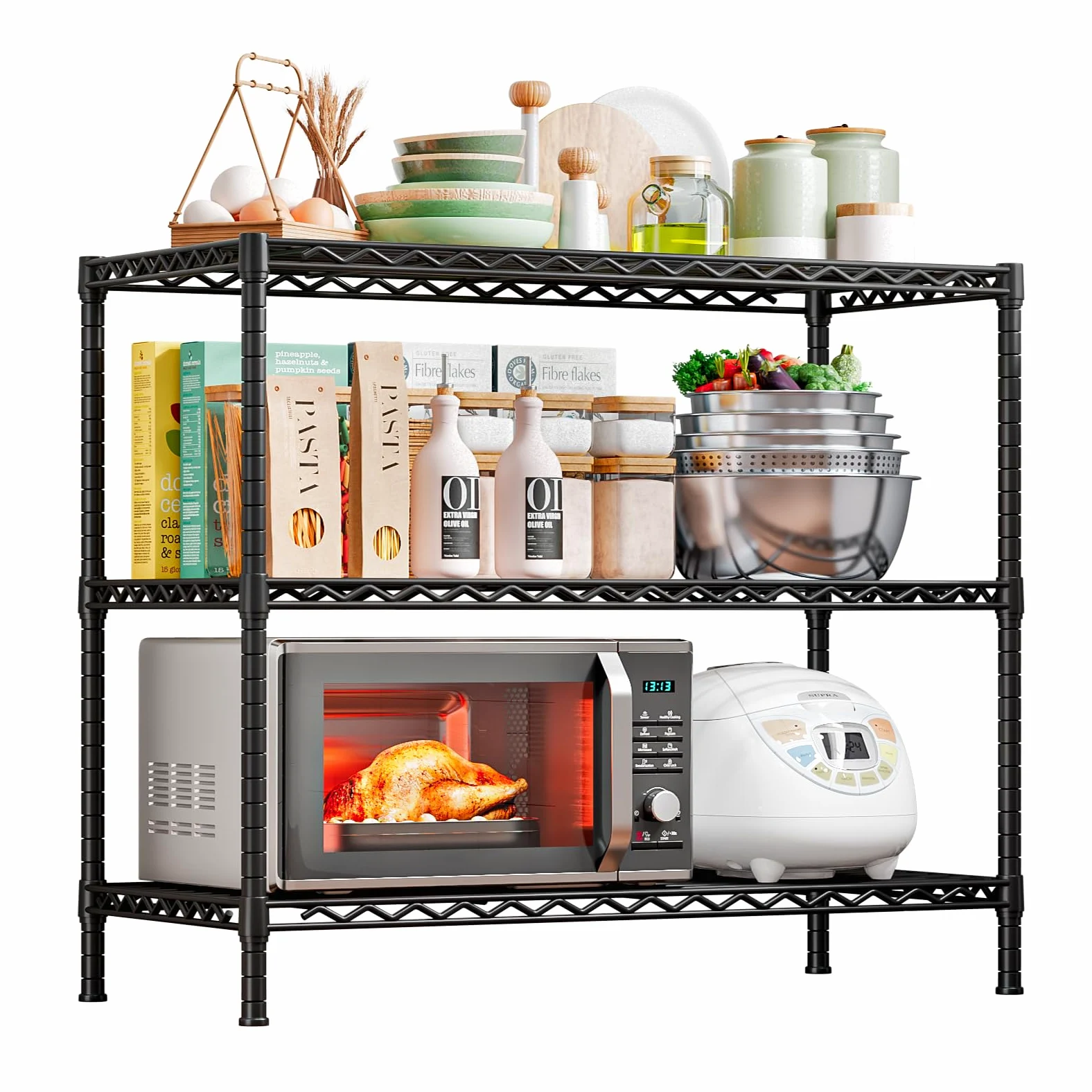 Estante Metálico de 3 Niveles,Ajustable,35.6x14x36,Negro | Estantería Resistente Para Cocina, Despensa, Garaje, Baño ,Cina, Despensa, Garaje, Baño
