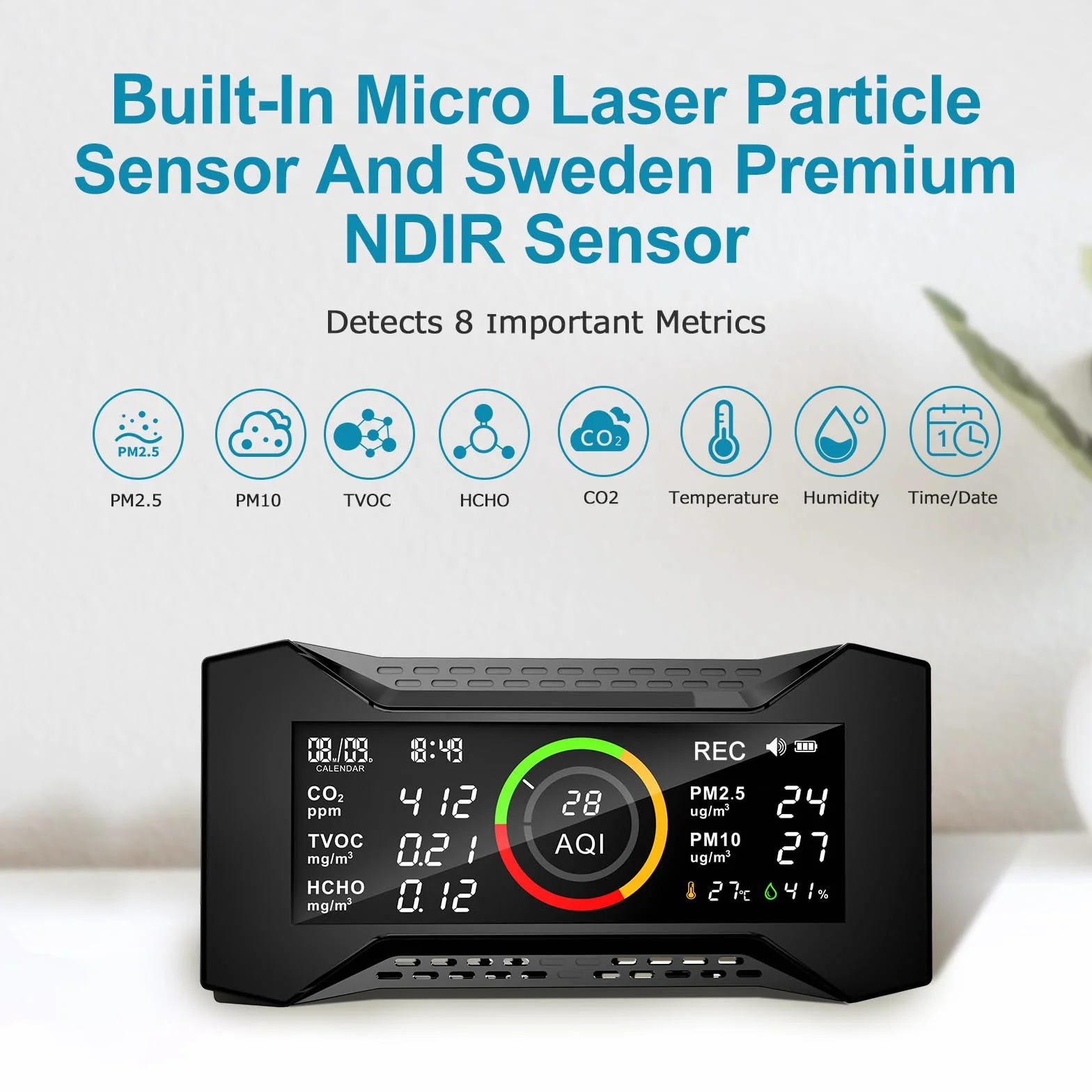 CF-20 DL Monitor de Calidad del Aire Interior con Informe de Datos para CO2 TVOC PM2.5 PM10 AQI HCHO Temperatura Humedad, Monitor de contaminación del Aire con Alarma de Audio