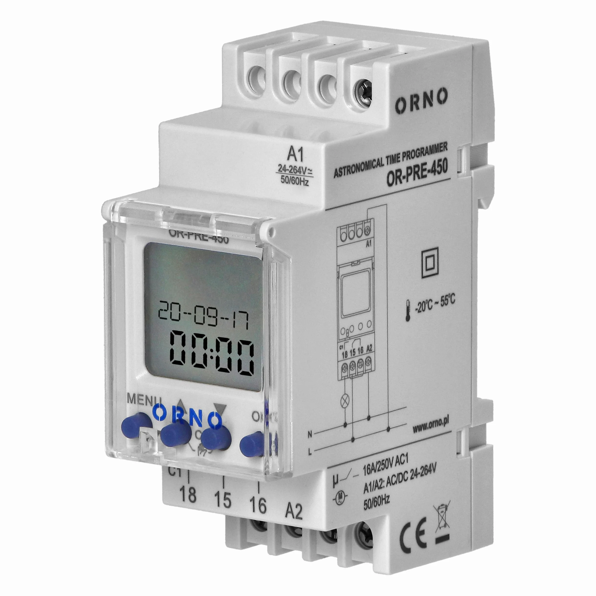 ORNO PRE-450 Interruptor Horario Astronómico 52 Programas 1 Salida de Relé máx.16A/230V 2 Módulos de Anchura DIN TH-35mm Blanco