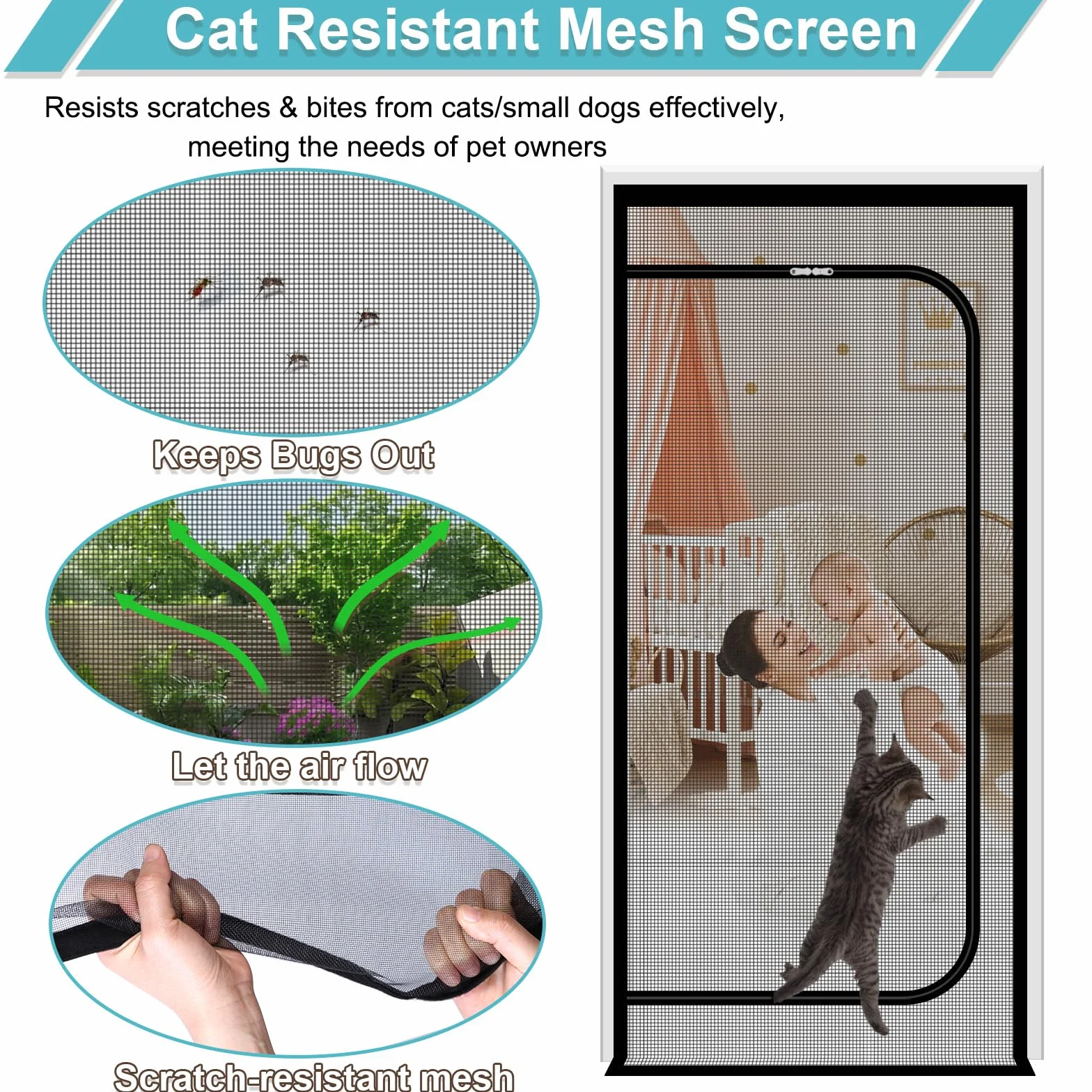 MAGICDOOR Mosquitera Puerta para Gatos Reversible 105x180cm, Blanco | Malla Resistente, Evita Que los Gatos Perros se Escapen de casa, con Cremallera Bilateral, Cinta 4cm en Parte Superior