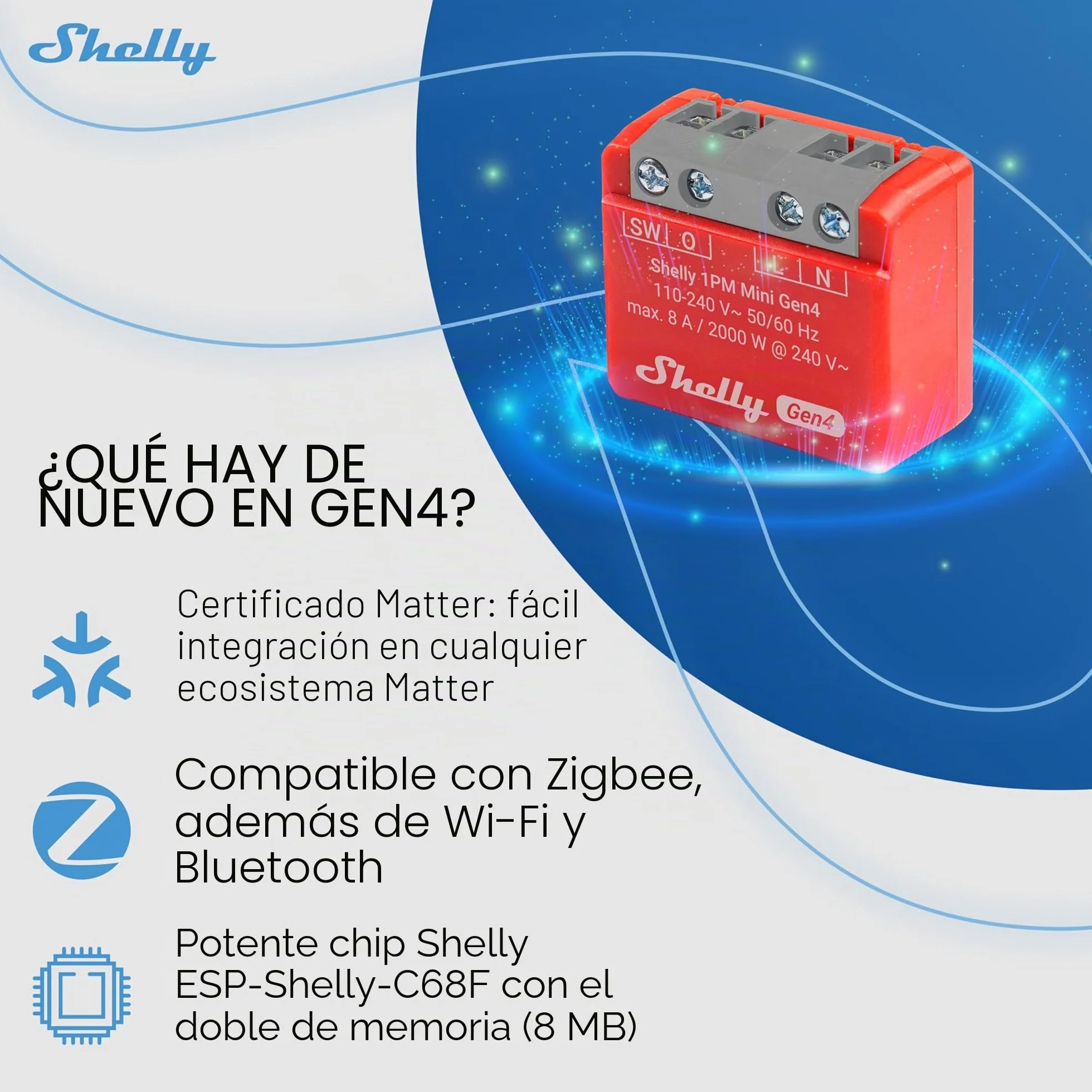 Shelly 1PM Mini Gen4 – Módulo interruptor inalámbrico Matter, Zigbee y Wi-Fi, 1 canal 8A, Medición de consumo de energía, Relé de luz, Control por app y por voz Alexa, Google, Apple HomeKit - 2 Piezas