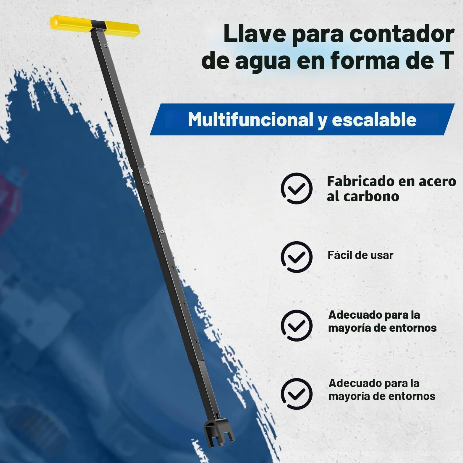 Llave para medidor de agua con herramienta de 4 vías, llave de cierre en T de acero al carbono, 43-94 cm, ajustable en longitud, llave universal para mantenimiento de tuberías de agua y
