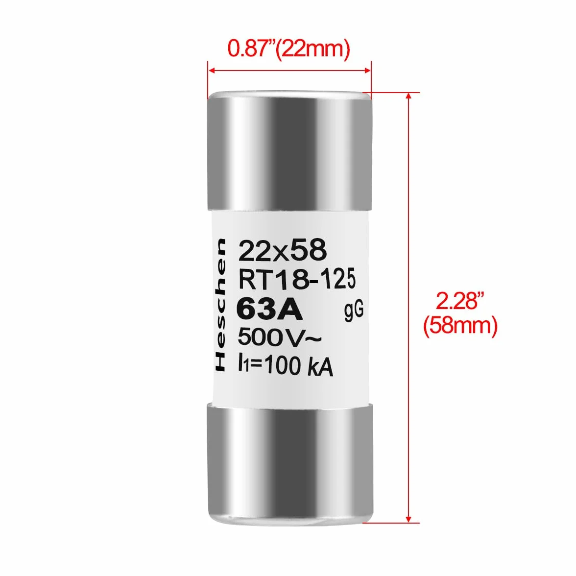 Heschen Eslabón fusible de tubo cerámico cilíndrico RT18-125(RO17) 22x58mm 63A 500VAC gG 5 Unidades