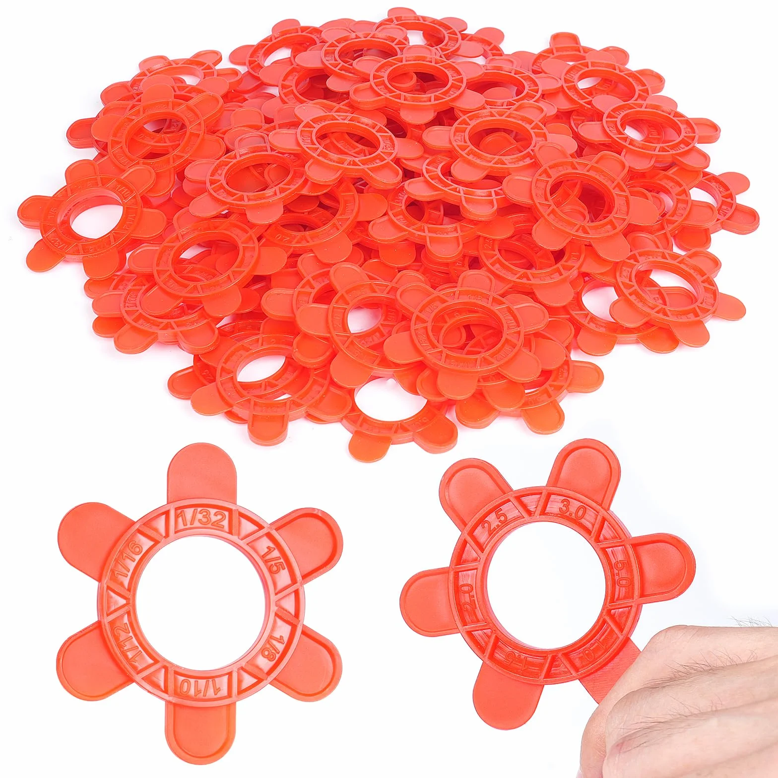 100 espaciadores hexagonales reutilizables para baldosas, 6 medidas en 1 (1 mm, 1.5 mm, 2 mm, 2.5 mm, 3 mm, 5 mm), para juntas precisas y retirada rápida (100 unidades, rojo)