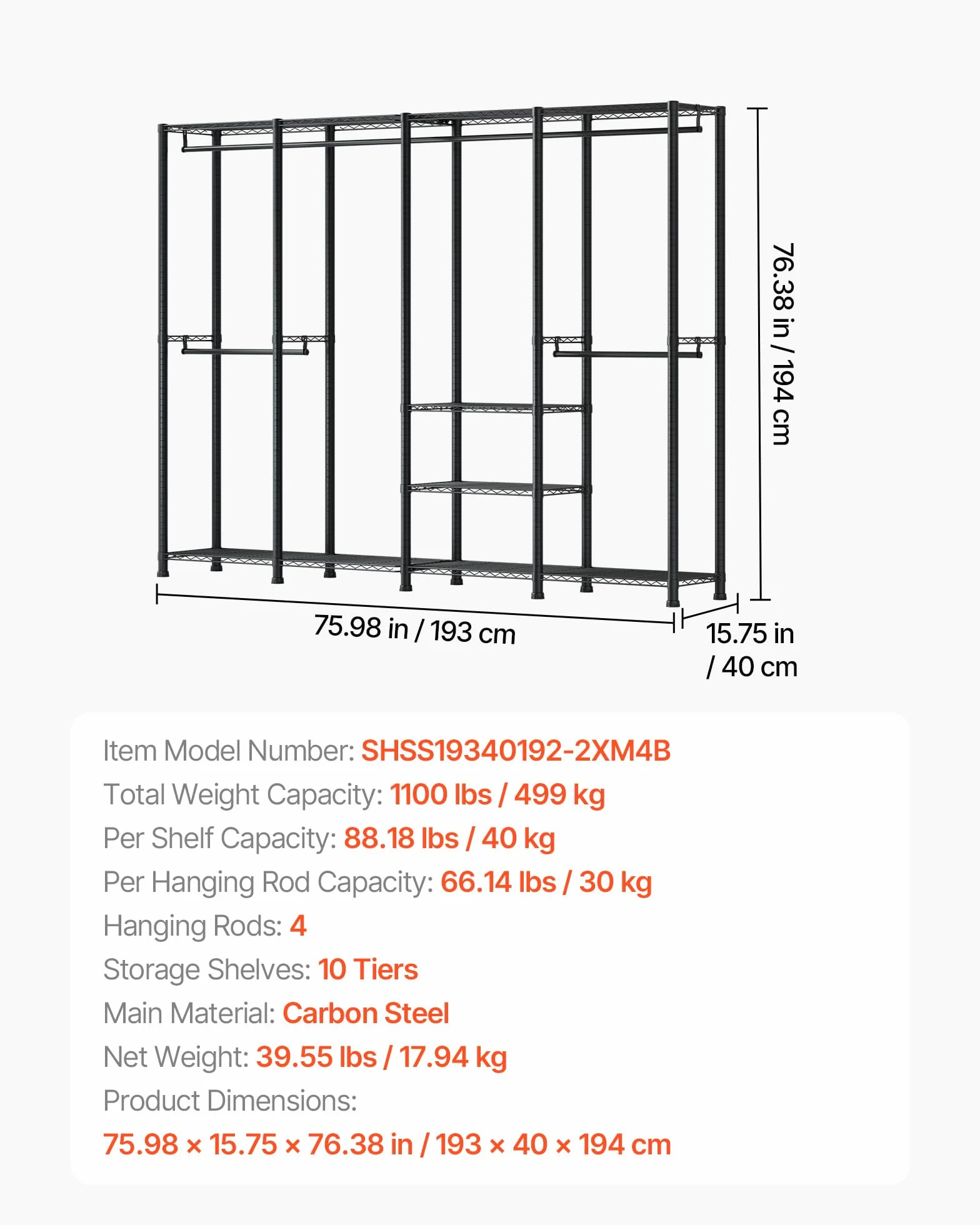 VEVOR Perchero Ajustable 4 Barras 499 kg 10 Estantes Armario Abierto Resistente Negro 193x40x194 cm