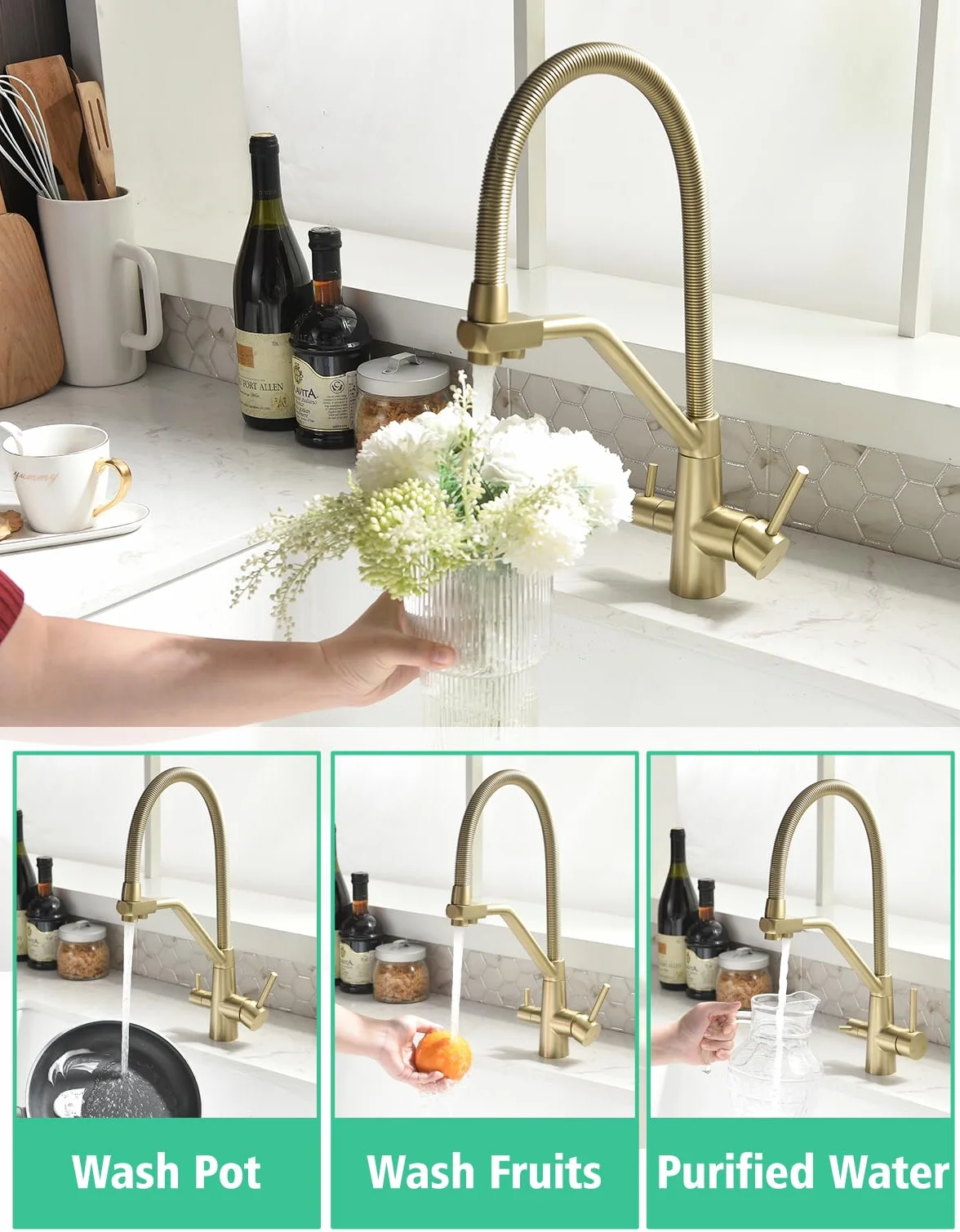TIMACO Grifo de cocina dorado 3 vías giratorio 360° 3 en 1 para filtro de agua, grifo de resorte en espiral, doble palanca, alta presión, oro cepillado