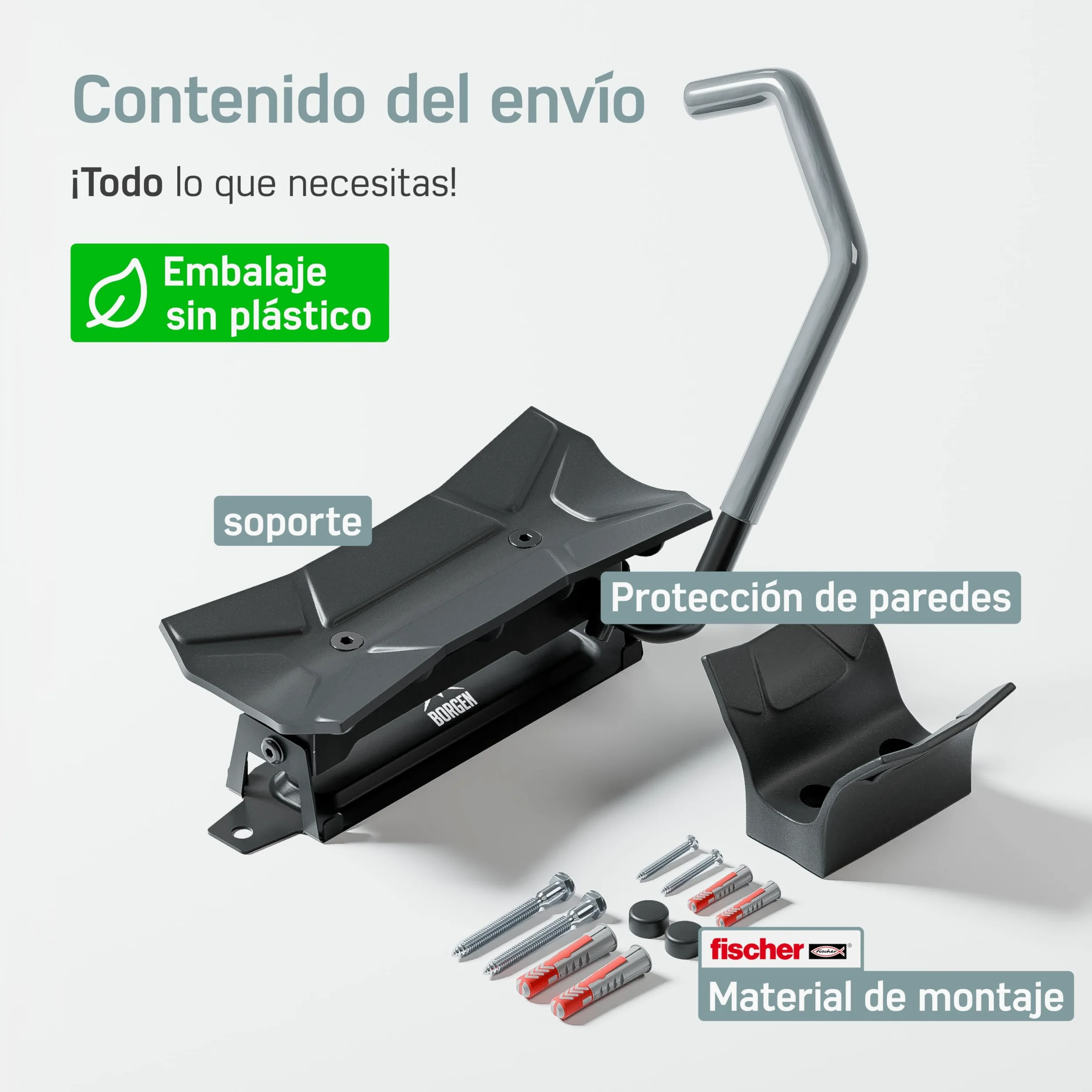 Borgen Soporte Bicicleta Pared Giratorio hasta 35 kg – Soporte Bici Vertical Ahorra Espacio – Incl. Tacos Fischer DuoPower para Montaje Seguro – Embalaje sin plástico