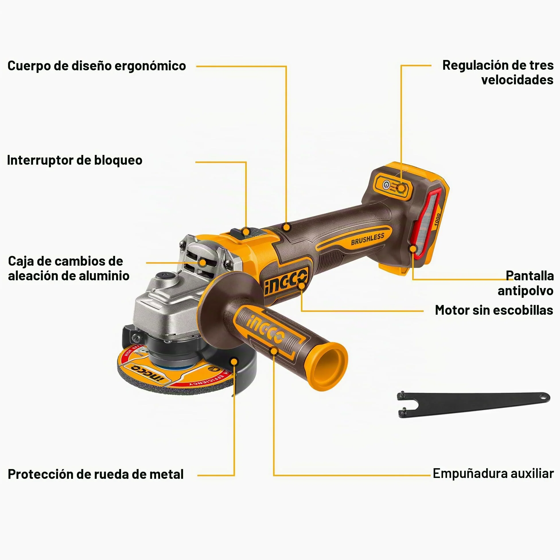 INGCO Amoladora angular inalámbrica de 20 V (producto solo) 115 mm, 1000 W, motor sin escobillas, variable de 3 velocidades, 3000/6000/9000 rpm para cortar, pulir y afilar CAGLI27153