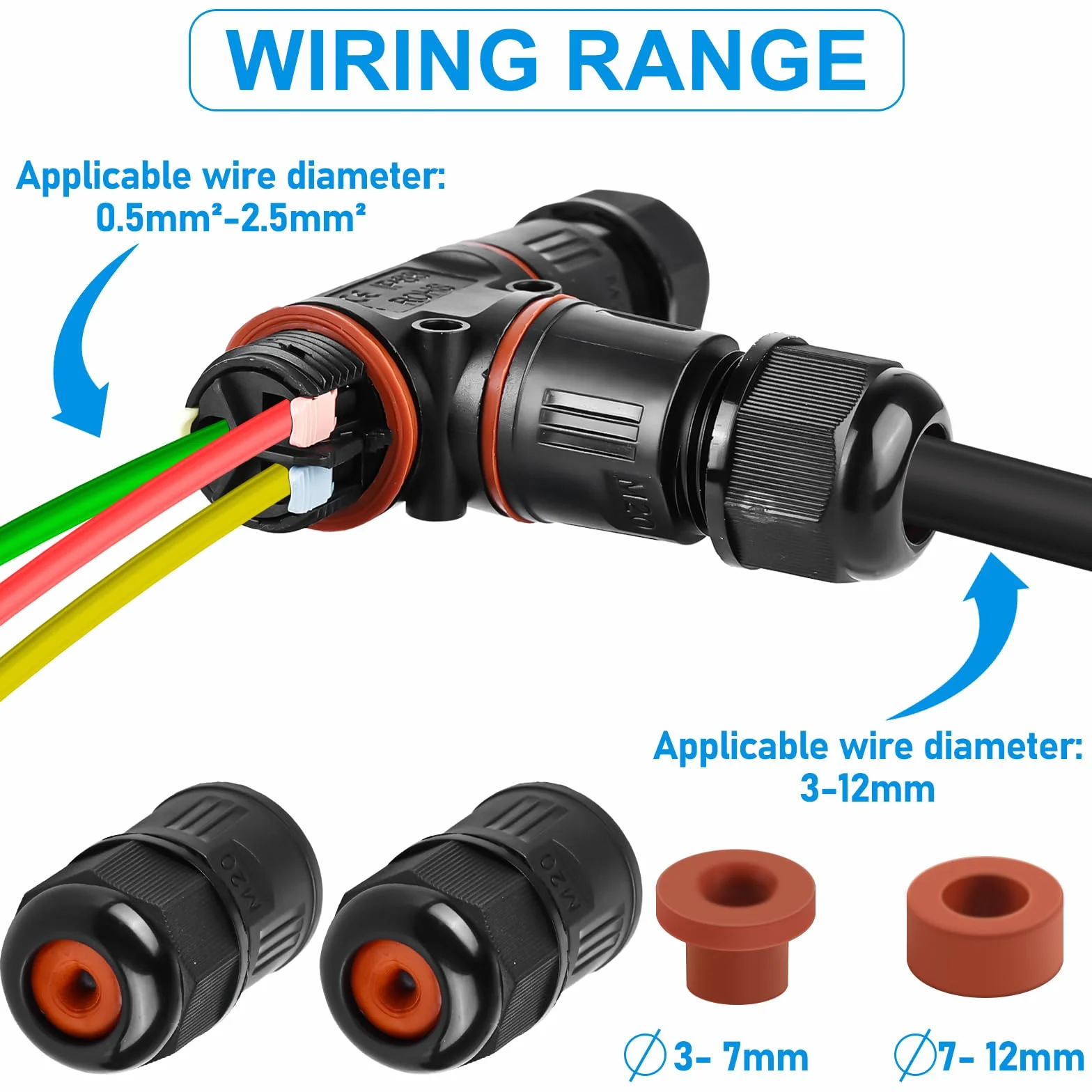 6 conectores de cable de 3 polos, resistentes al agua IP68, conector de cable en forma de T, resistente al agua de 3 pines, manguito de conexión para cable de 3 a 12 mm de diámetro, caja de derivación