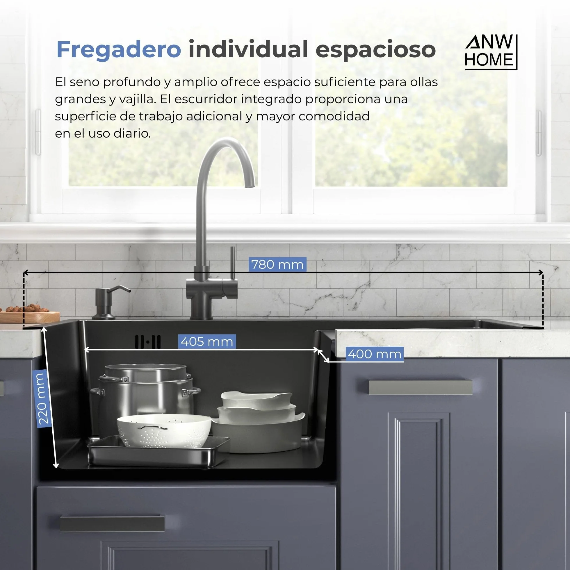 ANW HOME Fregadero Cocina 1 Seno Sobre Encimera con Escurridor, Acero Inoxidable 304, 78x50 cm, Grafito PVD, Acabado con Nano-Revestimiento, Grosor 3.0+1 mm, 22 cm, con Sifón, Dosificador y Cesta