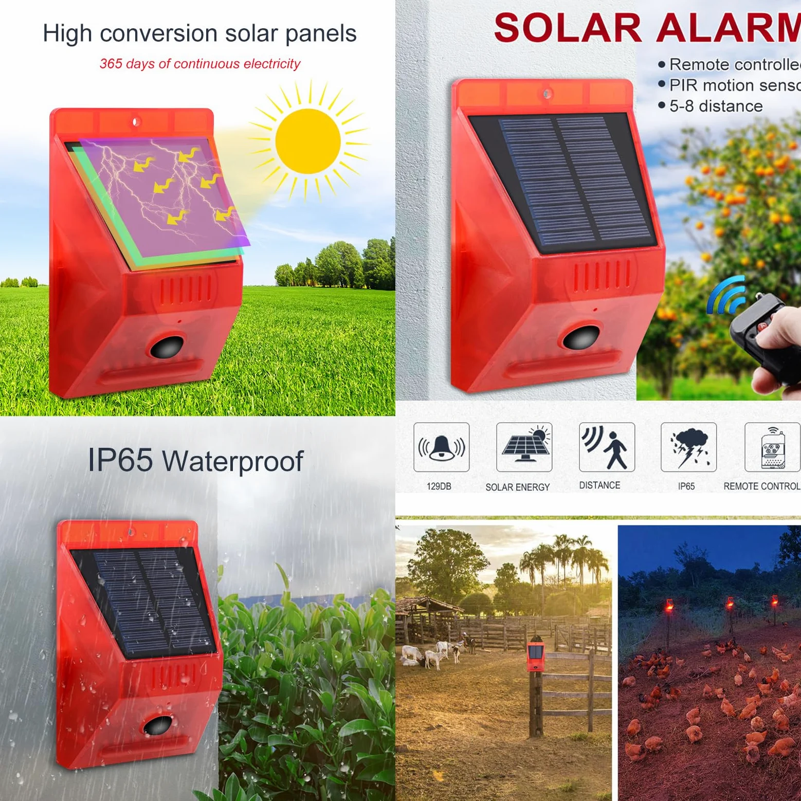 Alarma Solar con Sensor de Movimiento para Exteriores, generador de Ruido de Sirena de 129 dB , 4 Modos de Trabajo,con Control Remoto, para Patio, Granja
