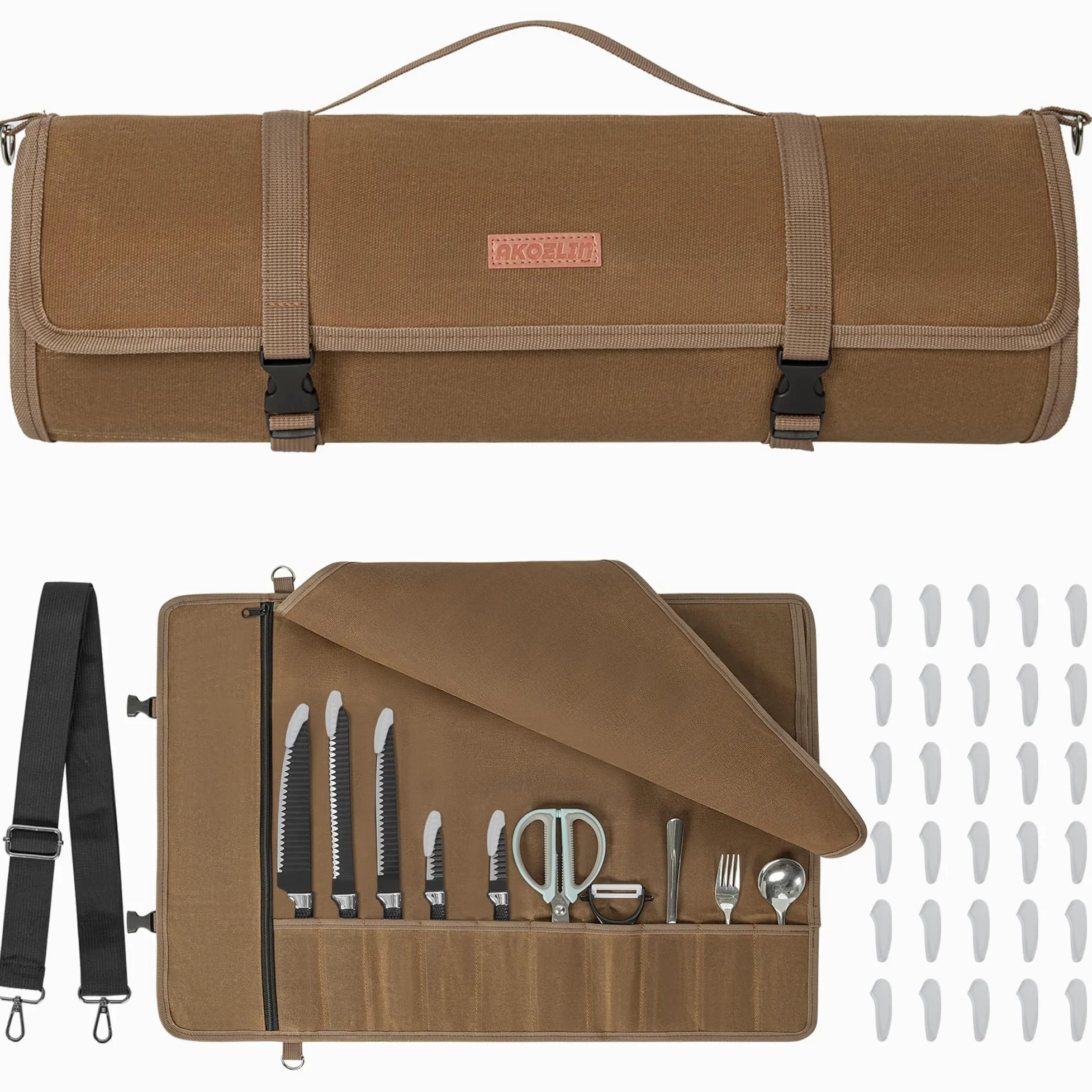 AKOZLIN Bolso de Cuchillo para Cocineros,marrón,10 hendiduras | tela de vela crecida,1 grande bolsillo de cierre, cinturón ajustable,30 gorros de protección de cuchillo,portátil