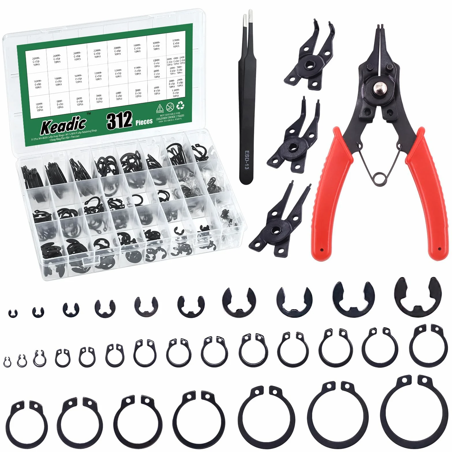 Keadic Juego de 312 anillos de seguridad externos con clip en C y [1,5 mm - 10 mm], juego de anillos de seguridad E-Clip y alicates con pinzas (acero de aleación)
