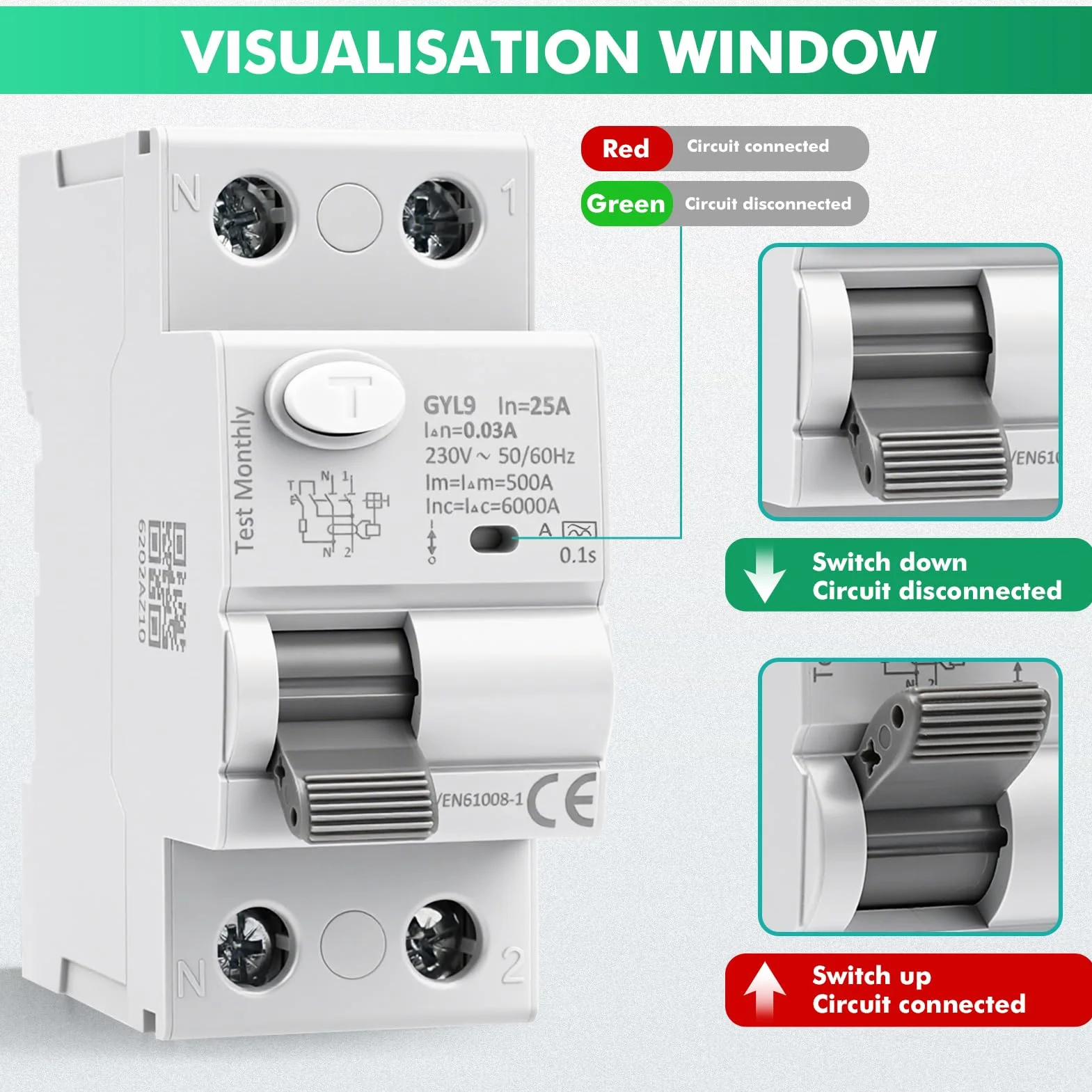 Interruptor Diferencial SuperInmunizado AC230V 2P Diferencial 25A 30mA Disjoncteur Différentiel Magnetotermico para el arranque ocasional de circuitos y motores tipo GYL9-2P-25A-0.03A-A