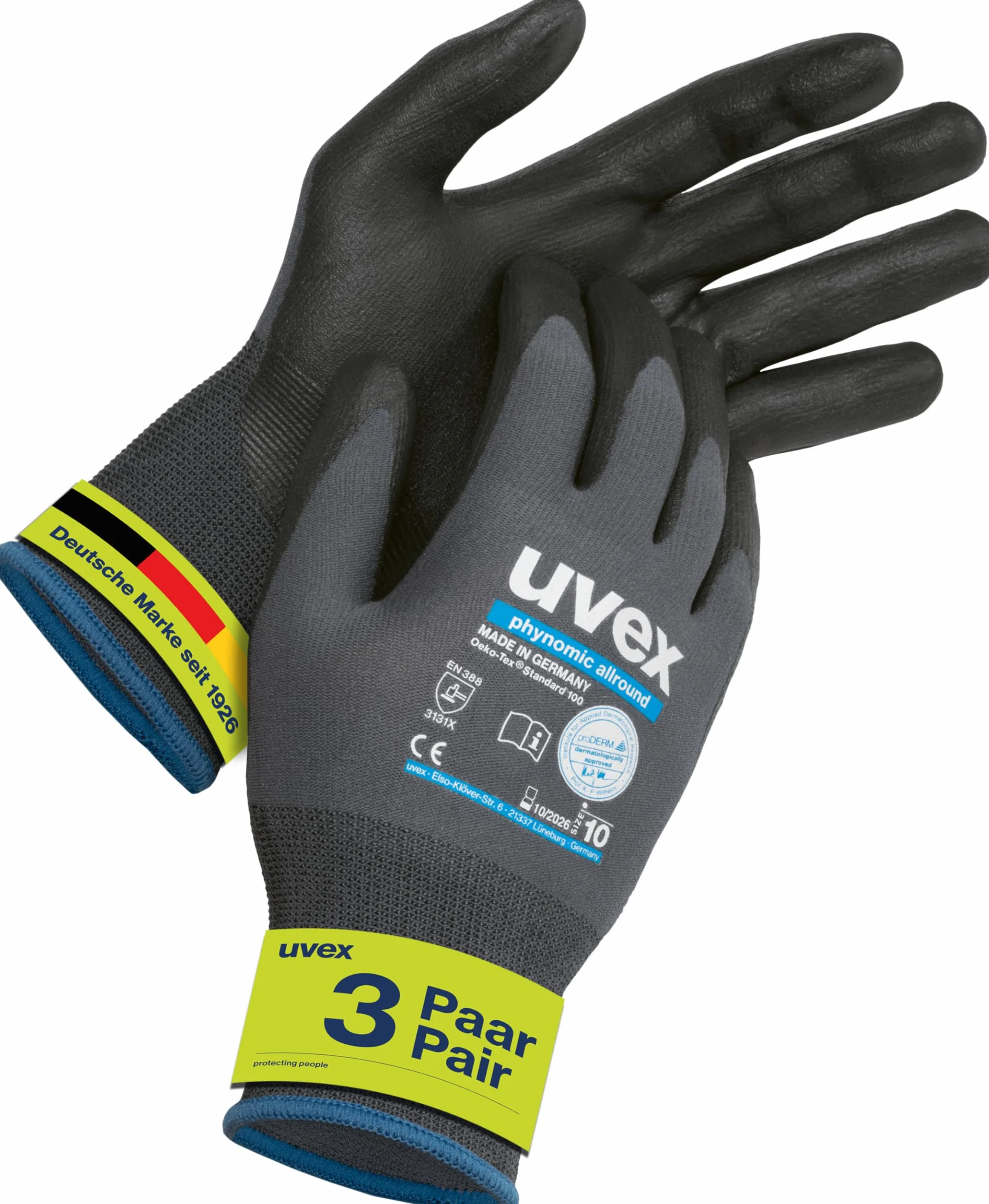 Uvex 3 pares Phynomic Allround - Guantes de trabajo ligeros para hombres y mujeres