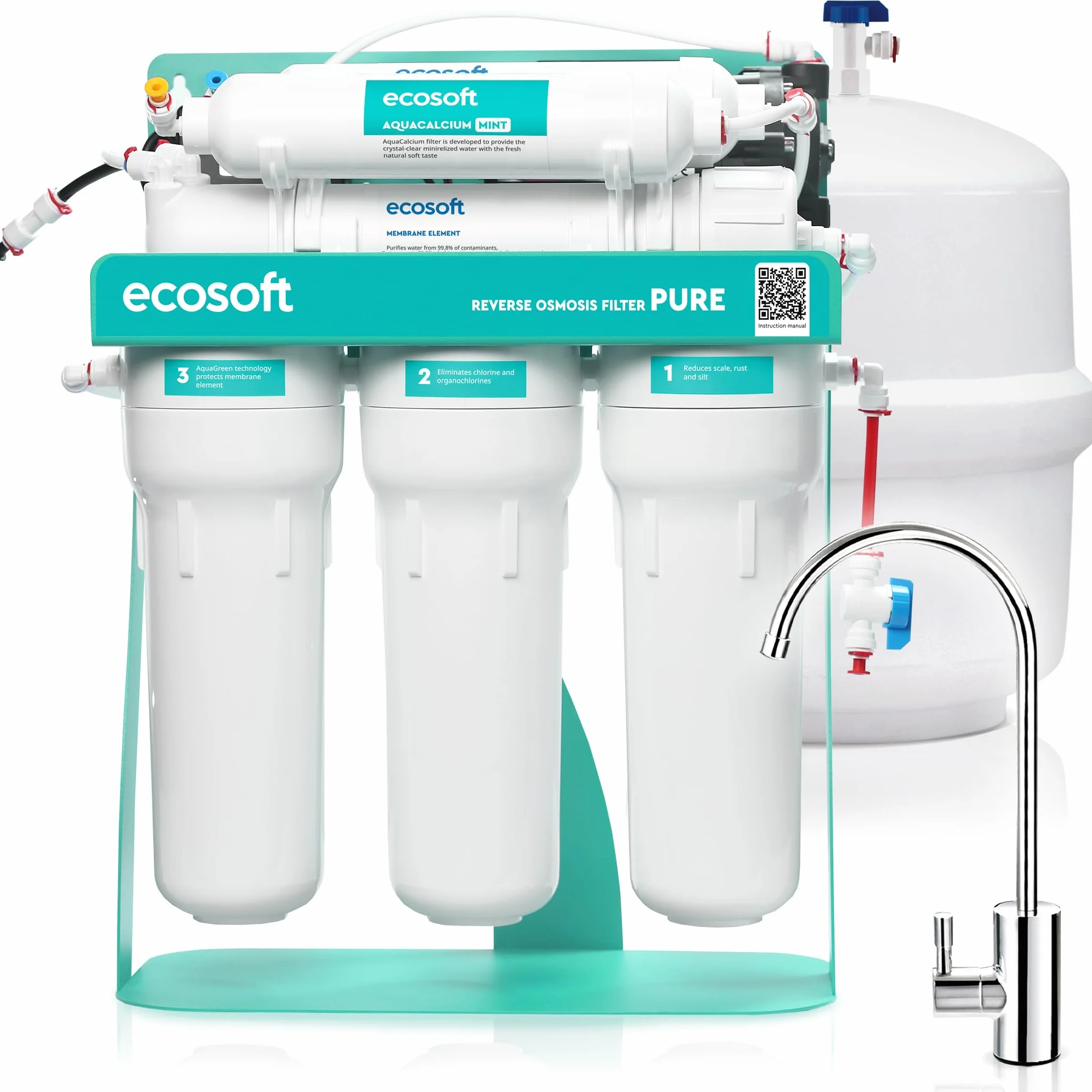 Ecosoft P'URE AquaCalcium Filtro Ósmosis Inversa con Bomba Montado Sobre Estructura Metálica para Hogar, Elimina 99.8% Contaminantes, Mineraliza Agua con Calcio