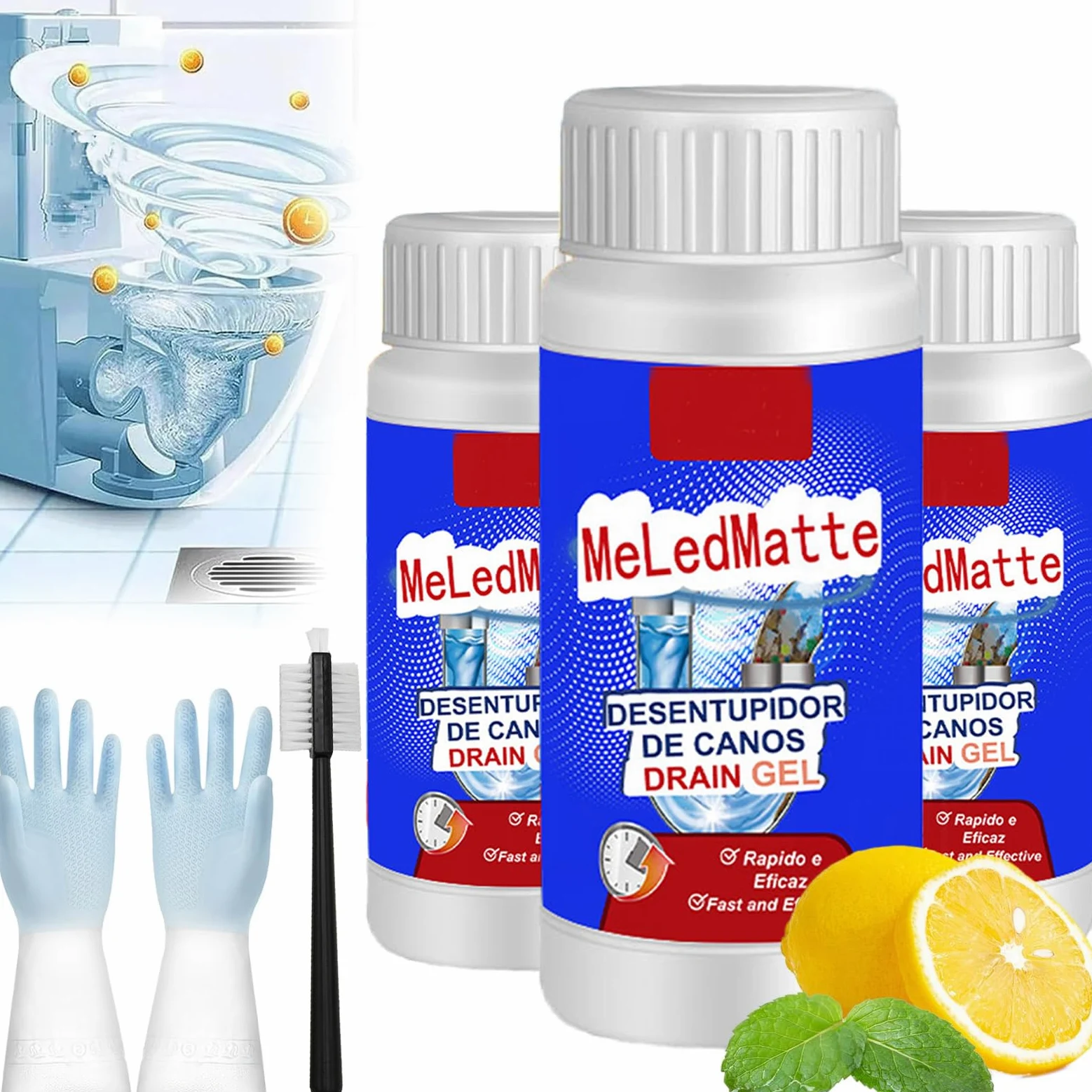 Meledmatte - Limpiador de desagües de inodoro, potente agente de dragado de tuberías Meledmate, agente de dragado de tuberías Meledmatte para cocina, herramienta de limpieza rápida (3 piezas)