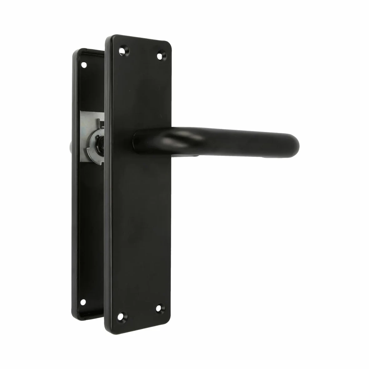 Amig - Juego de dos Manillas con placa - Maneta para puerta de interior o exterior - Sin bocallave - Aluminio - Color Negro - 139 x Ø19 mm - Medidas: 222x55x10mm