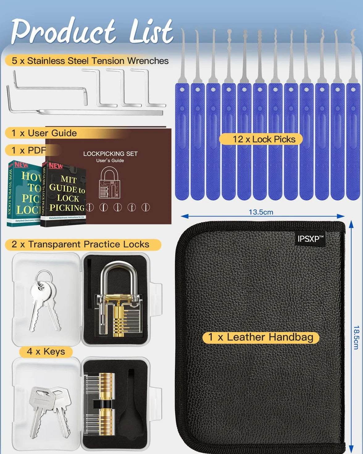 IPSXP Juego de Ganzúas 25 Piezas con 2 Cerraduras Transparente de Capacitación en Bolsa de Cuero Portátil, Lock Pick Set de Extracción para Principiantes y Cerrajeros Profesionales
