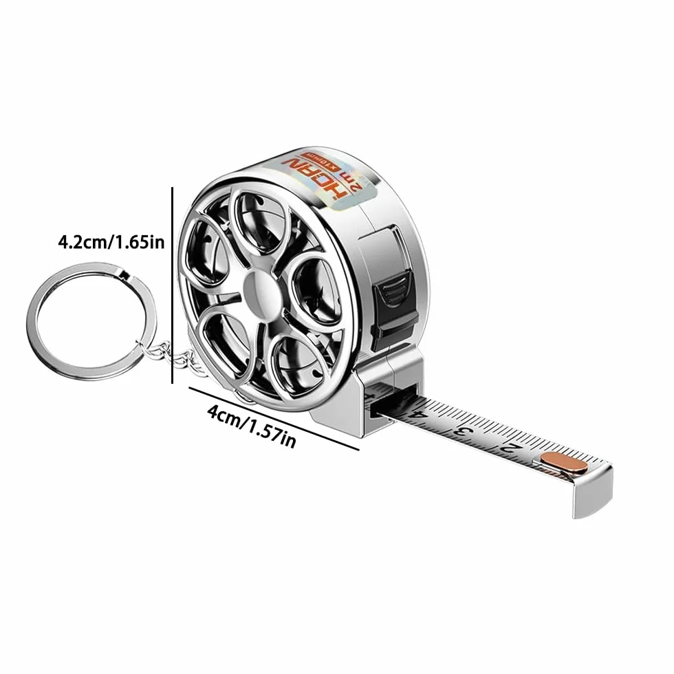 Cinta métrica compacta de acero inoxidable de 2 m métrica imperial de doble cara con llavero - Mini regla duradera e impermeable para bricolaje (Plateado)