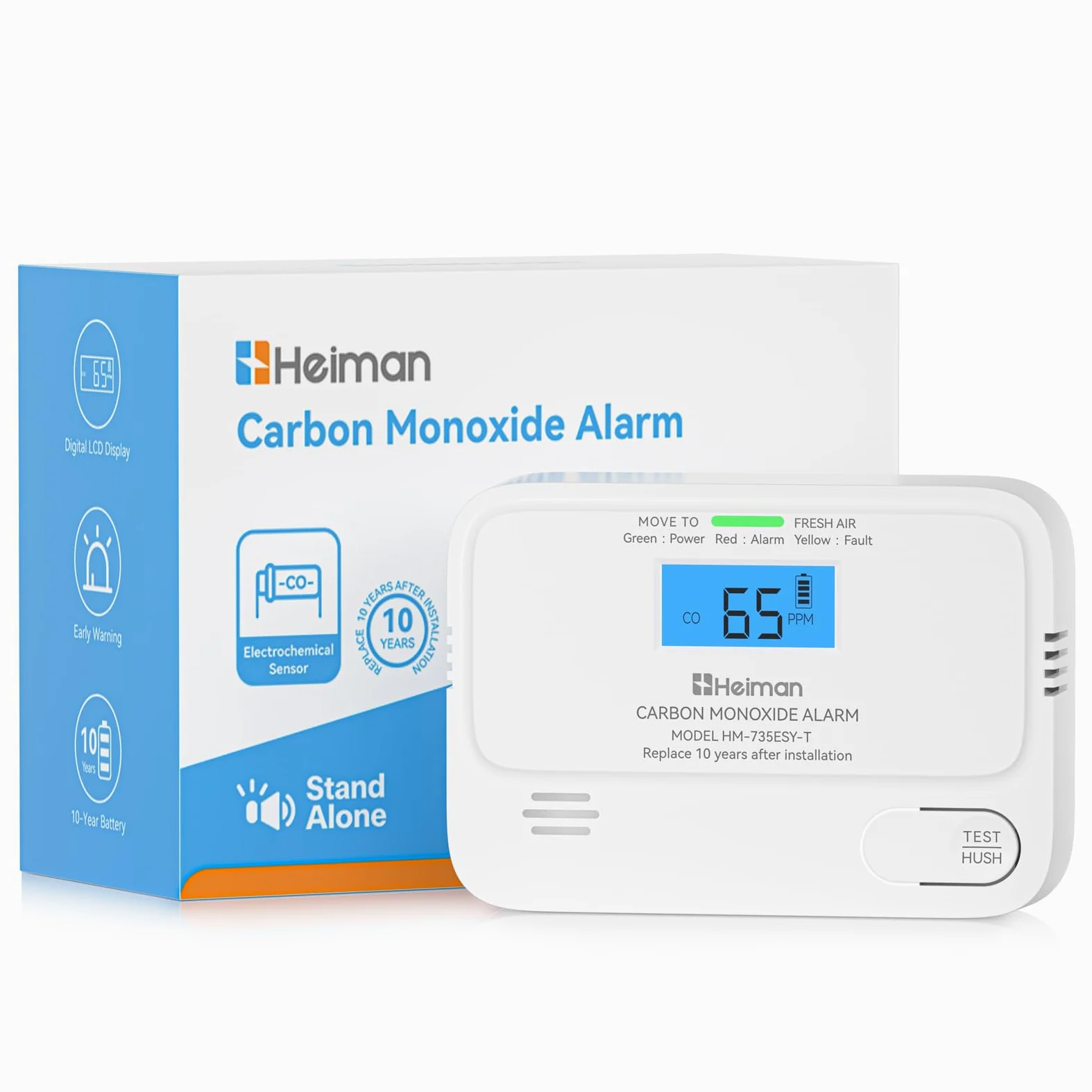 HEIMAN Detector de monóxido de carbono CO con pantalla LCD digital, vida útil, monóxido de carbono, certificado BSI