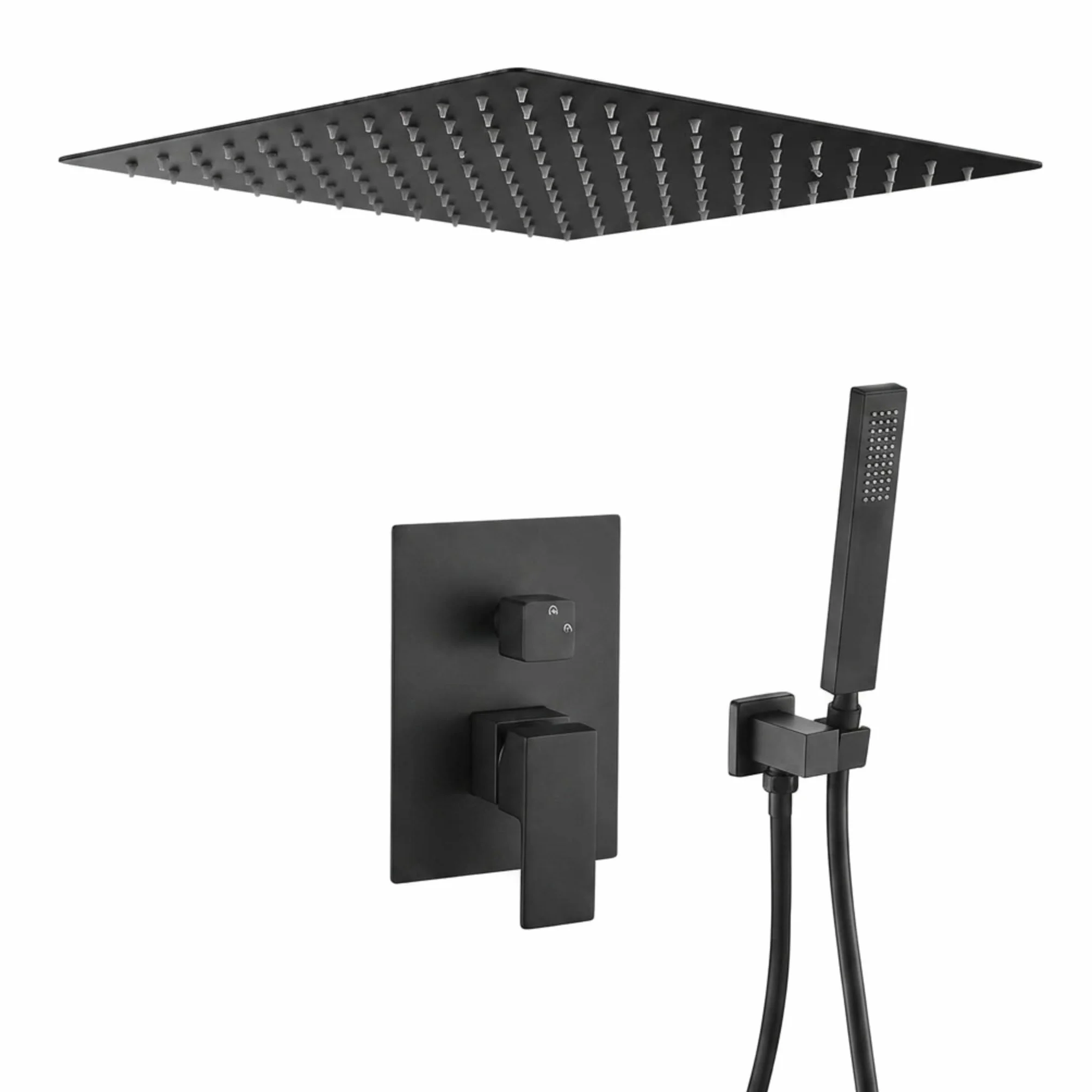 VALAZ Ducha Encastrada Negro Mate | Ducha Monomando 2 Vías, Rociador Efecto Lluvia | Instalación en Techo Fácil y Rápida | Inoxidable, Cuadrada, Rociador 30 cm, Serie Tajo