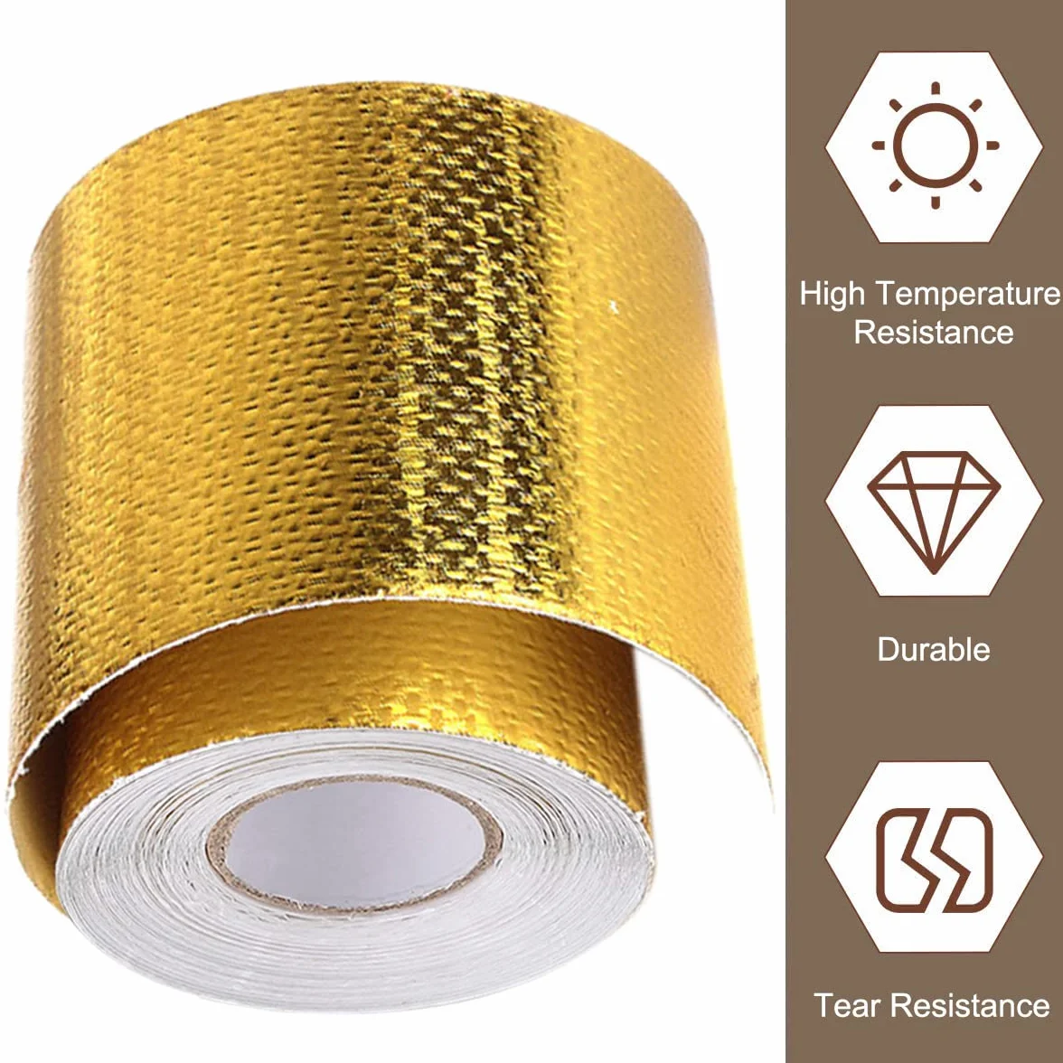 Cinta de protección térmica Reflect-A-Gold para automóvil y manguera, Autoadhesivo reflectante de calor de alta temperatura, Barrera de envoltura de calor Reflect Gold
