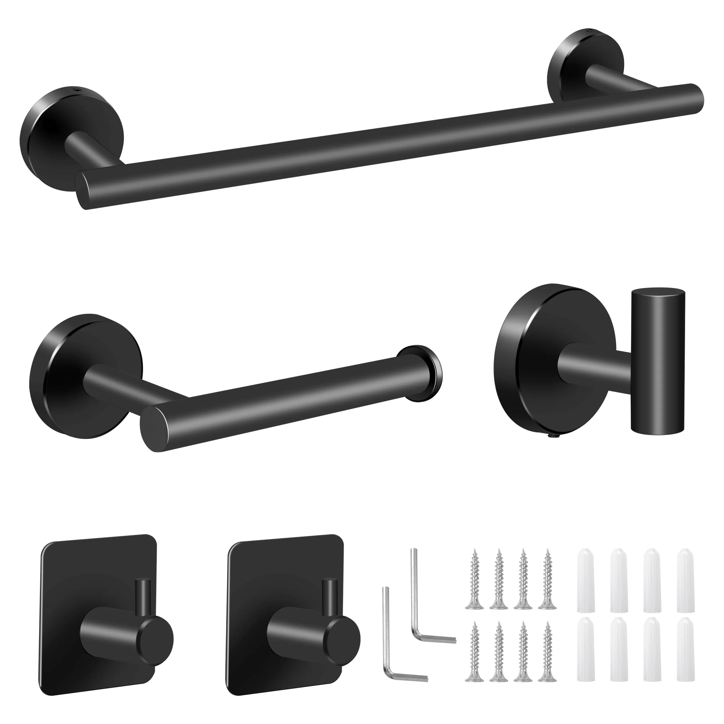 Juego de Toallero de Baño Juego de Herrajes de Baño de Acero Inoxidable Ganchos para Bata para Baño y Cocina 5 Piezas (Negro)