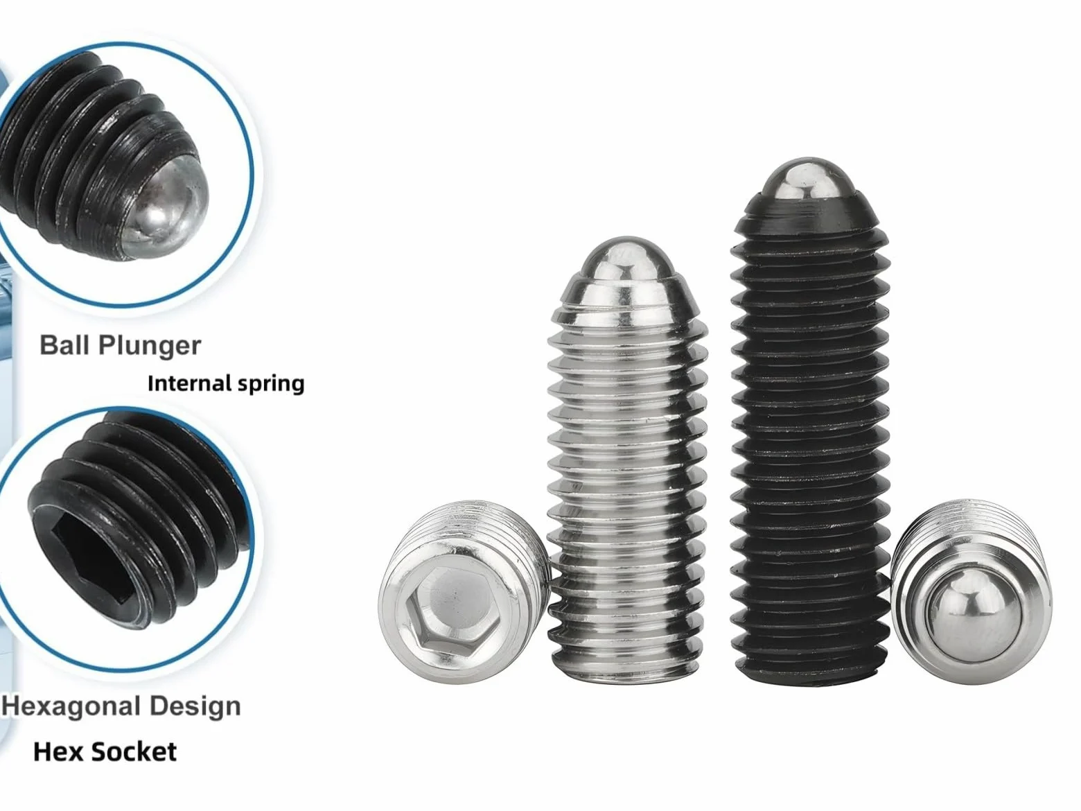 40pcs Émbolos internos hexagonales roscados con punta esférica y resorte en acero aleado,grado 12.9,Tornillos prisioneros de cabeza esférica (M6 x 30mm)