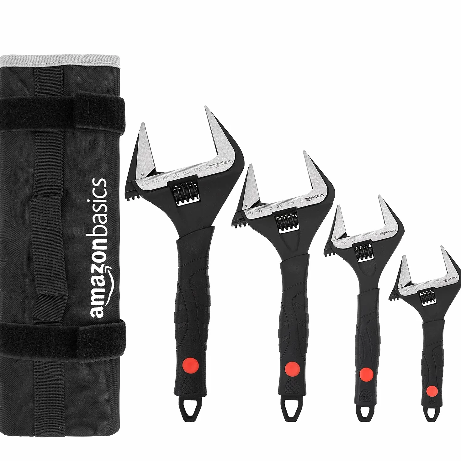 Amazon Basics Llave ajustable para fontaner a con agarre suave, boca ancha, incluye: 6in (150mm), 8in (200mm),10in (250mm),12in (300mm), Paquete de 4 tamaños