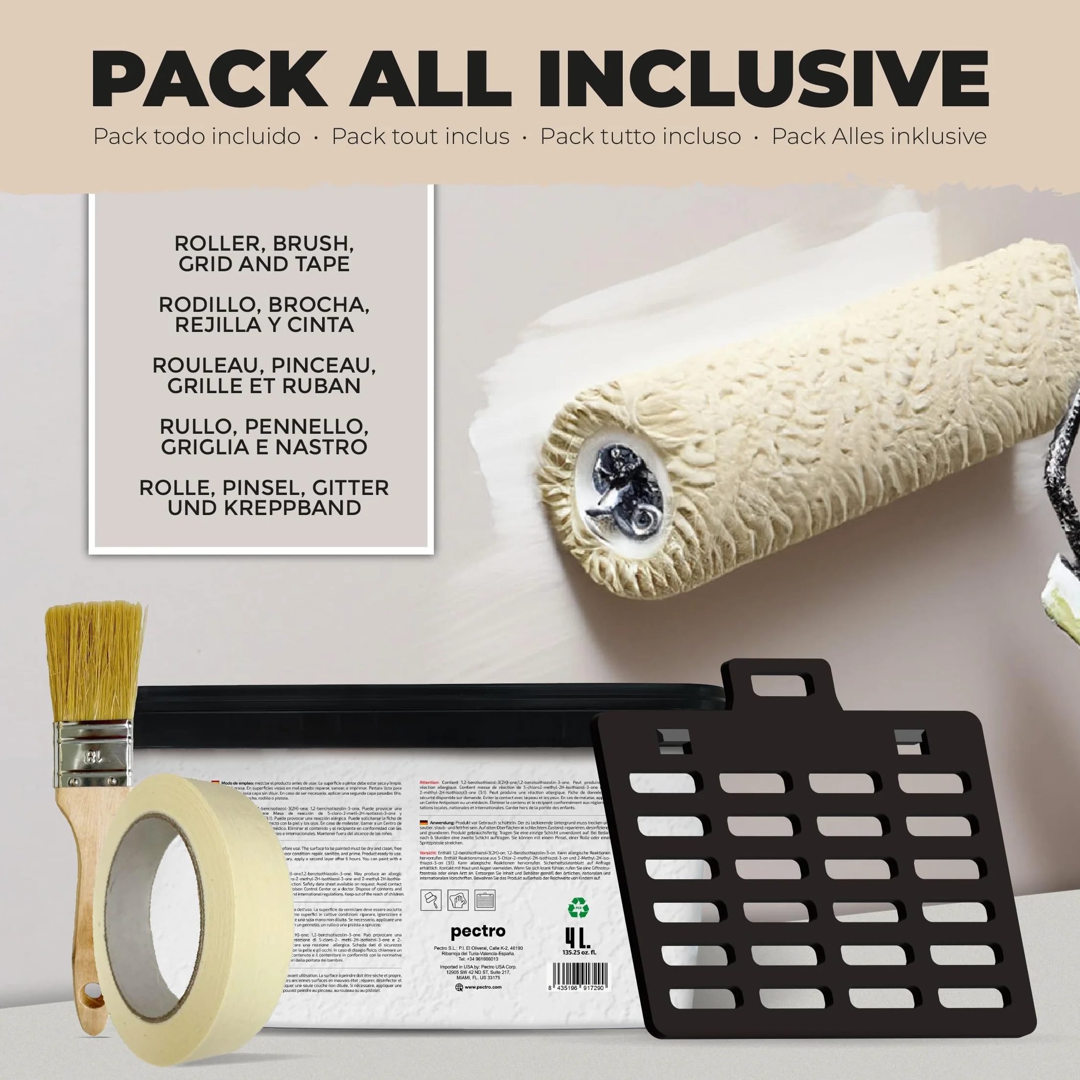 PECTRO Pintura Una Capa 4L (6,3kg) - incluye Rodillo, Rejilla, Brocha y Cinta - Pintura Interior Paredes y Techos Mate, colores cálidos, lavable de gran durabilidad y cubrición