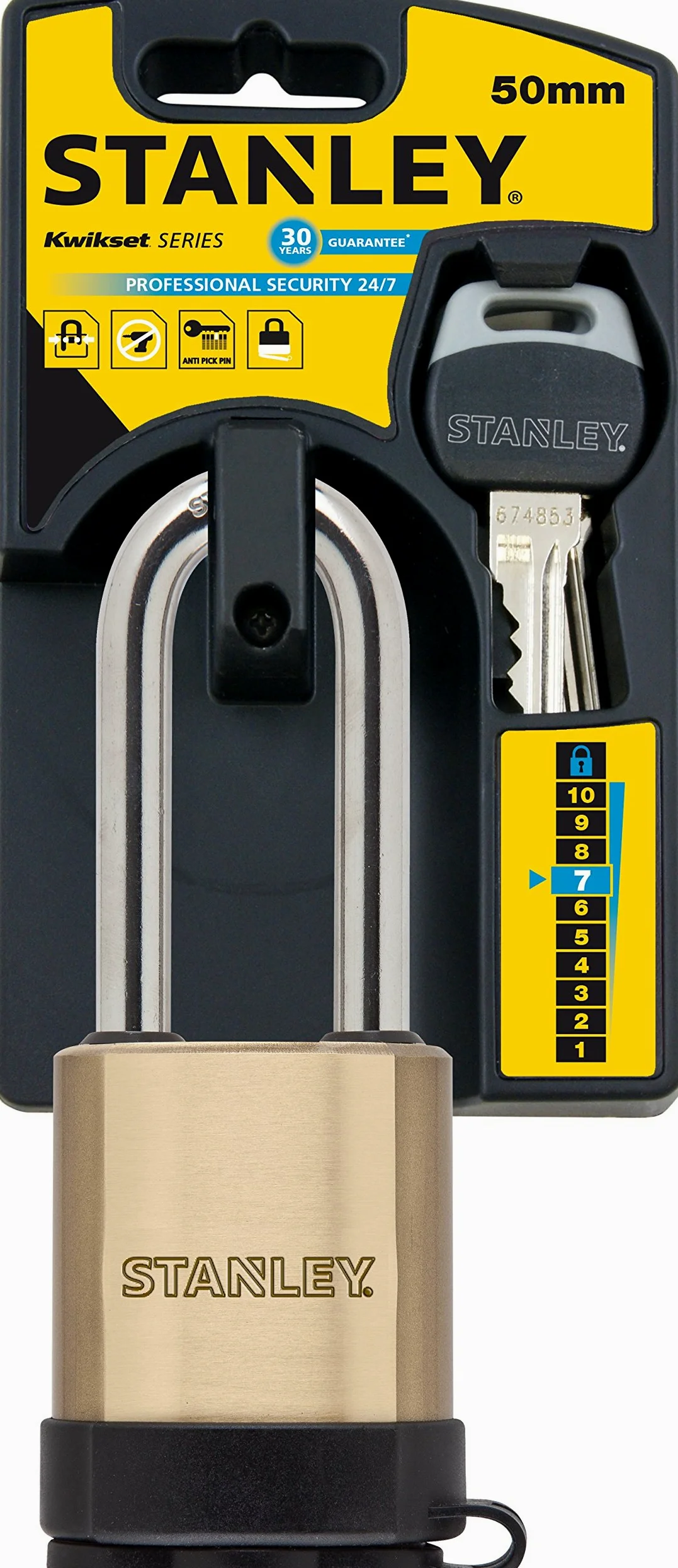 Stanley S742-003 - Candado macizo arco alargado, 2 llaves (latón, 50 mm)