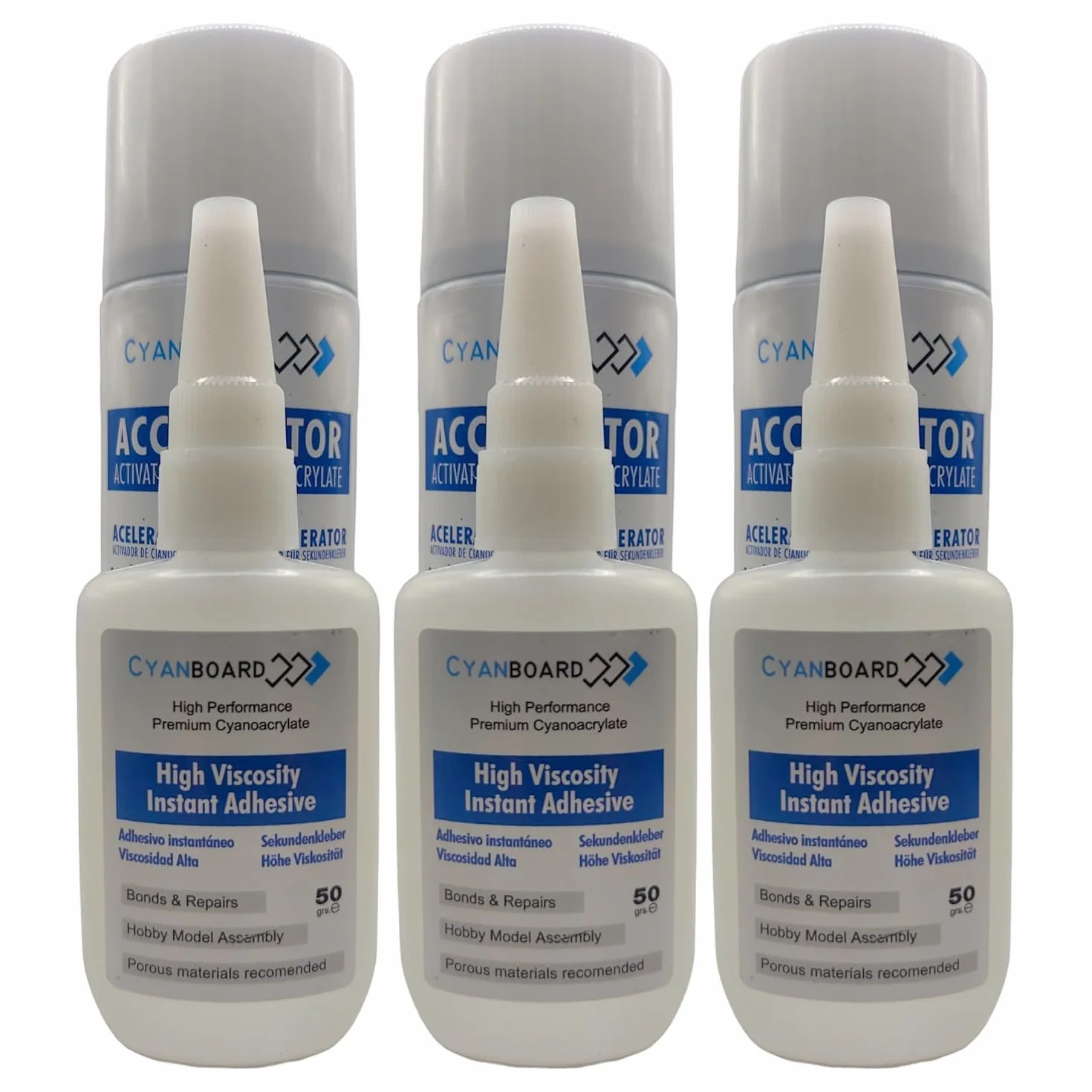 Kit 3 X Adhesivo de Cianoacrilato de Alta Viscosidad (3 X 50grs) + 3 X Activador Acelerador Tapa Poros (3 X 200ml), Adhesivo Instantáneo para Materiales Porosos: Madera, Goma, Cuero