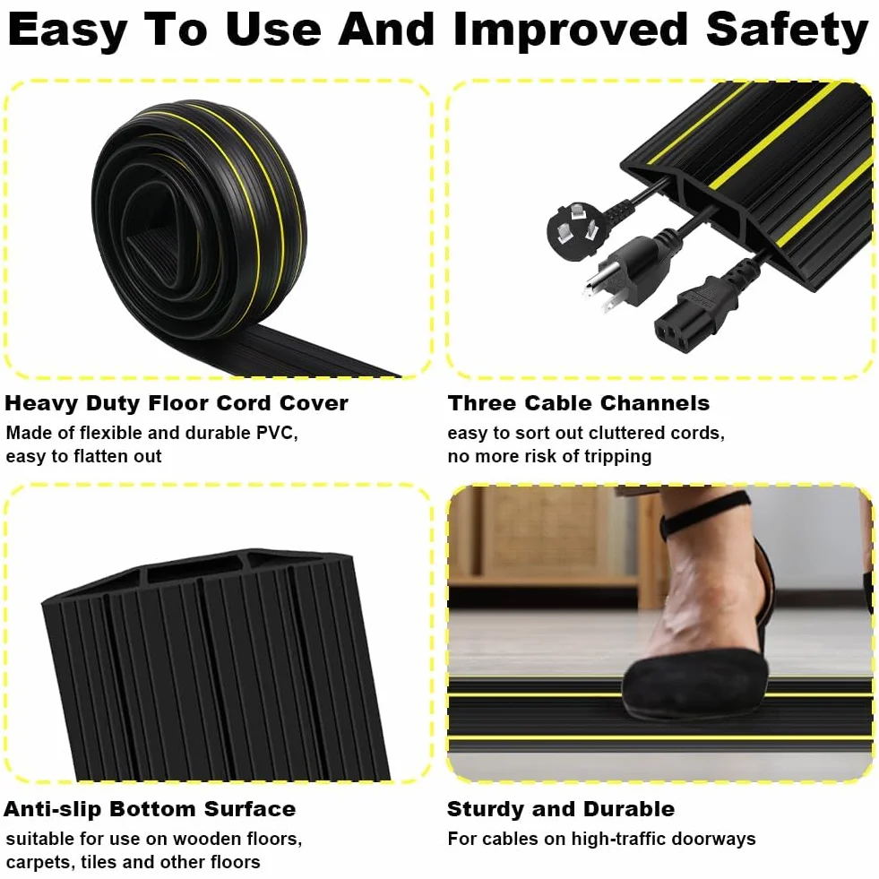 Protector de Canaleta para Cableado, 1M PVC Protectores de Cables de Suelo con 3 Canales de Goma, Cubre Oculta Cables Suelo previene Accidentes, para Hogar Oficina Almacén Conciertos
