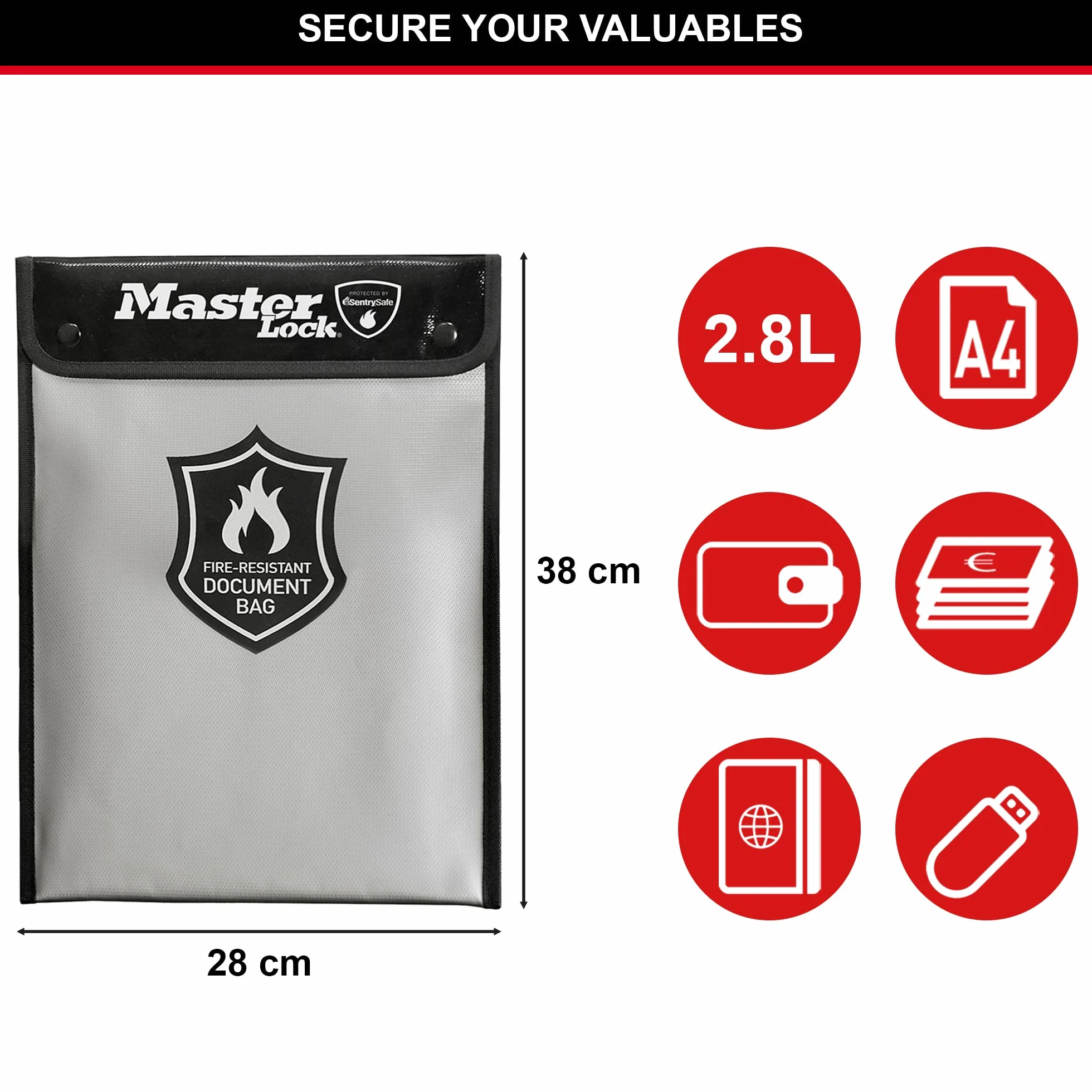 Master Lock FBWLZ0EURHRO Portadocumentos ignífugo con revestimiento de silicona resistente al fuego y al agua