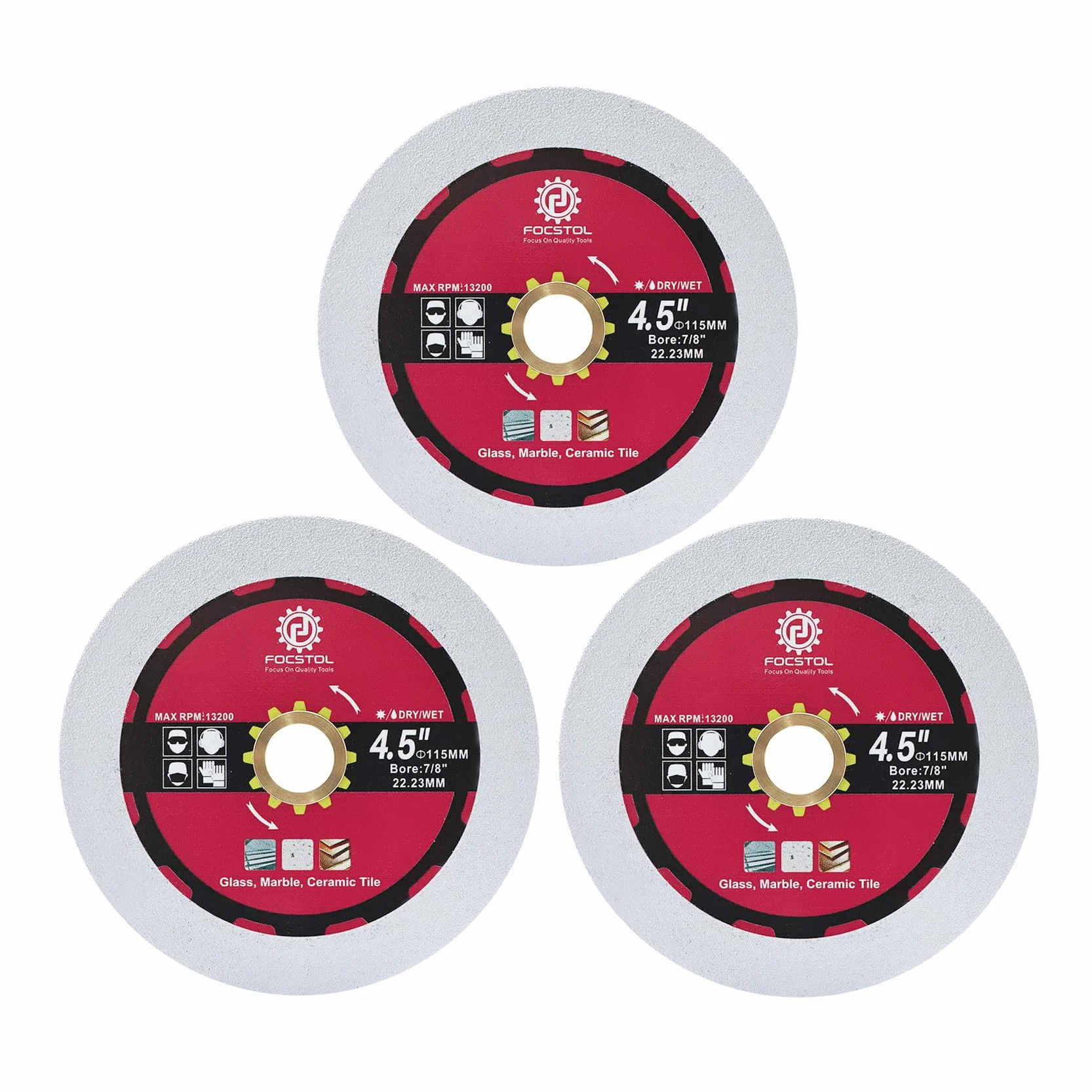 FOCSTOL Disco Diamante para Vidrio 115mm - 3 piezas Doble Lado Disco de Corte y Molienda para Vidrio Jade Cristal Vino Botella con Mango 22,23mm x 15,875mm