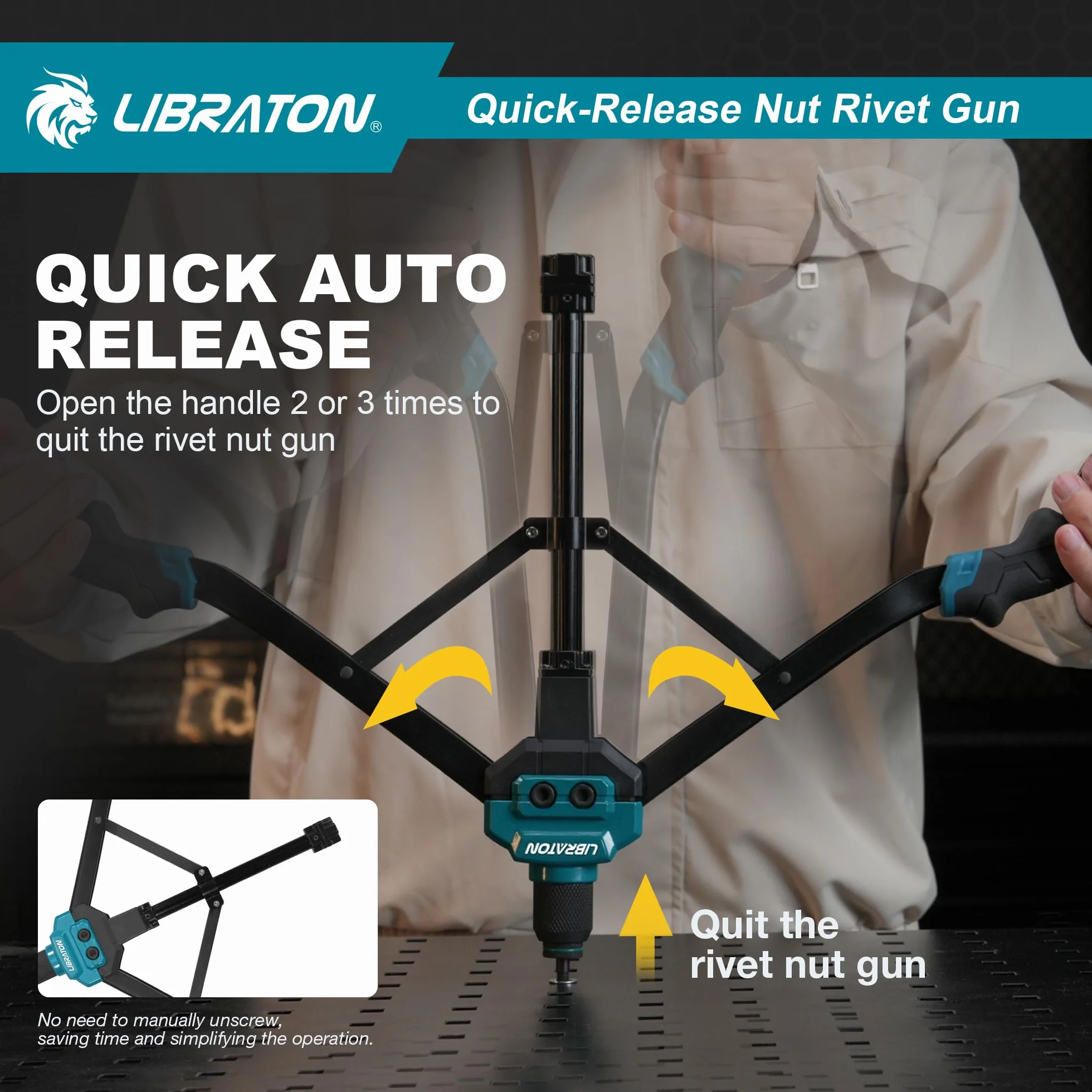LIBRATON Remachadora de Tuercas, 16" Pistola de Tuercas con 7 Mandriles Métricos, 70 Piezas Tuercas Remachables, Remachadora de Tuercas Profesional, Diseño de Tuerca de Liberación Automática, Caja