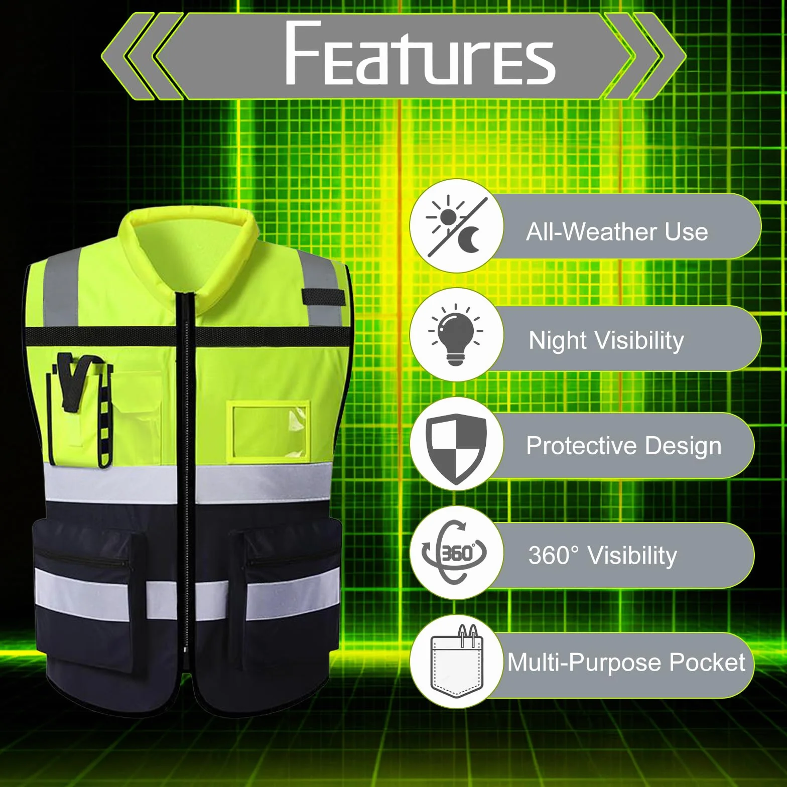 URAQT Chaleco Reflectante Homologado, Chaleco Reflectante de Seguridad, Chaleco Trabajo 7 Bolsillos con Cremallera, Chaleco de Seguridad de Alta Visibilidad para Limpiadores Trabajadores, Unisex, L