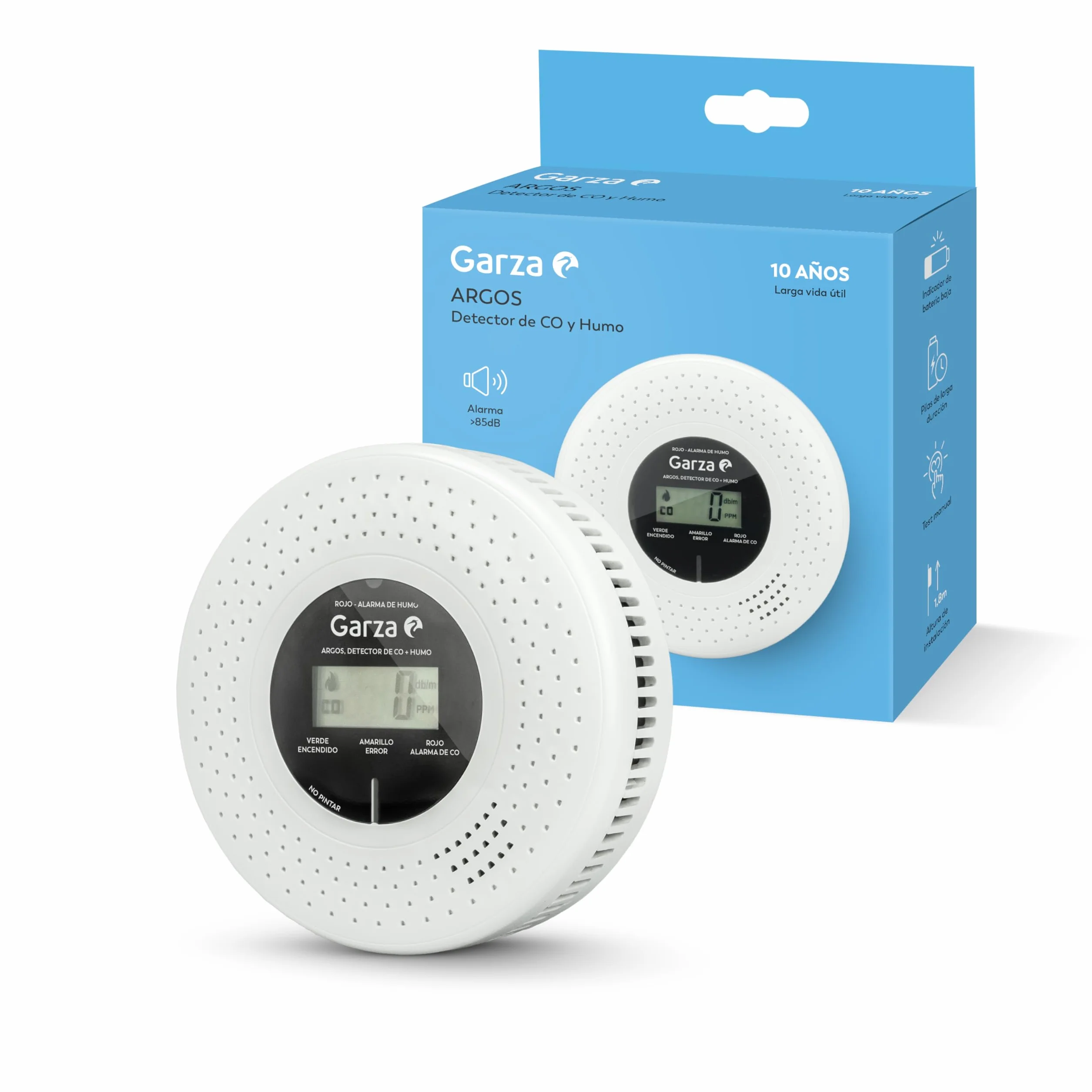 Garza - Detector Combinado de Humo y Monóxido de Carbono, Sensor Fotoeléctrico + Sensor Electroquímico de CO, Alarma Dual, Instalación en Techo, Protección Total para el Hogar