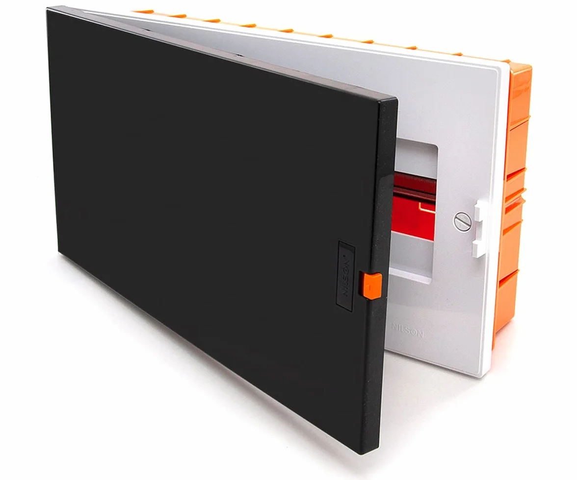 Caja de fusibles, caja de distribución, empotrada, distribuidor pequeño, 18 módulos, 1 fila, carcasa IP40 con nivel de burbuja